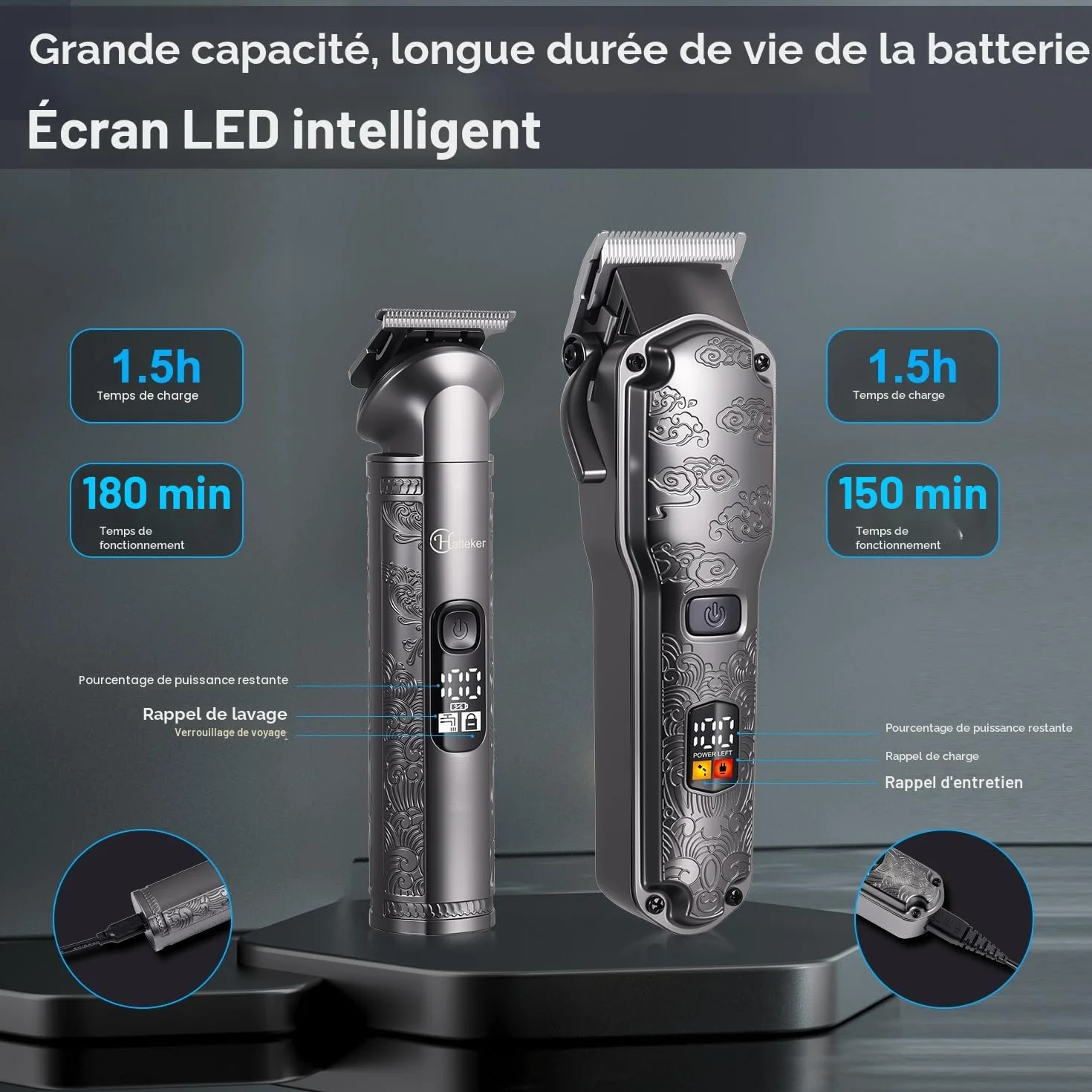 Hatteker Tondeuse à cheveux professionnelle pour hommes Set tondeuse barbe cheveux T-Blade Trimmer lavable sans fil