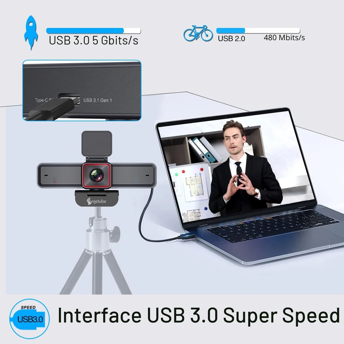 Angetube Webcam en Streaming 4K ave Suivi IA, HDR Modes Spécialisés USB 3.0