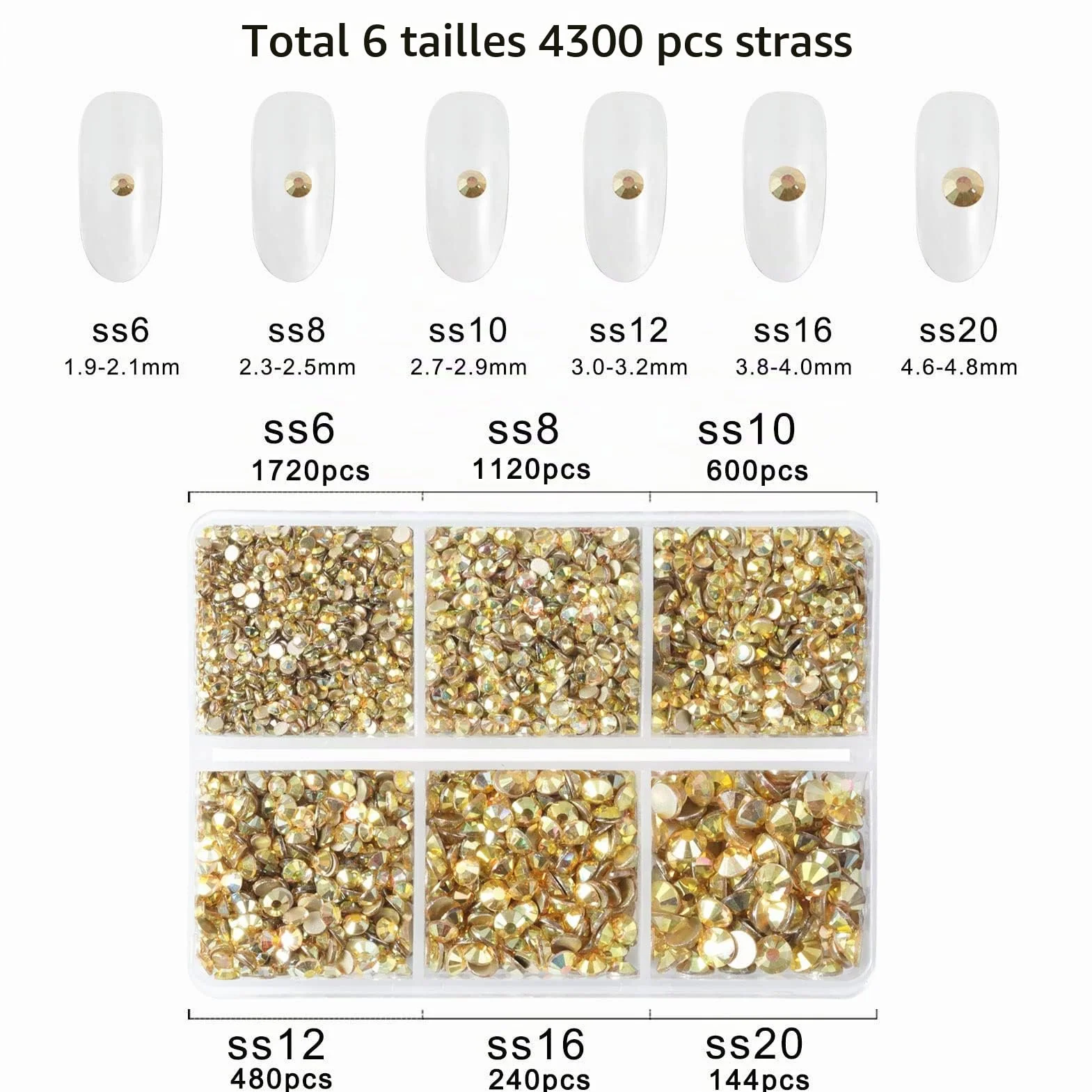 Beadsland Lot de 4300 strass ronds à dos plat pour bricolage - 6 tailles - SS6 - SS20 - Doré métallique