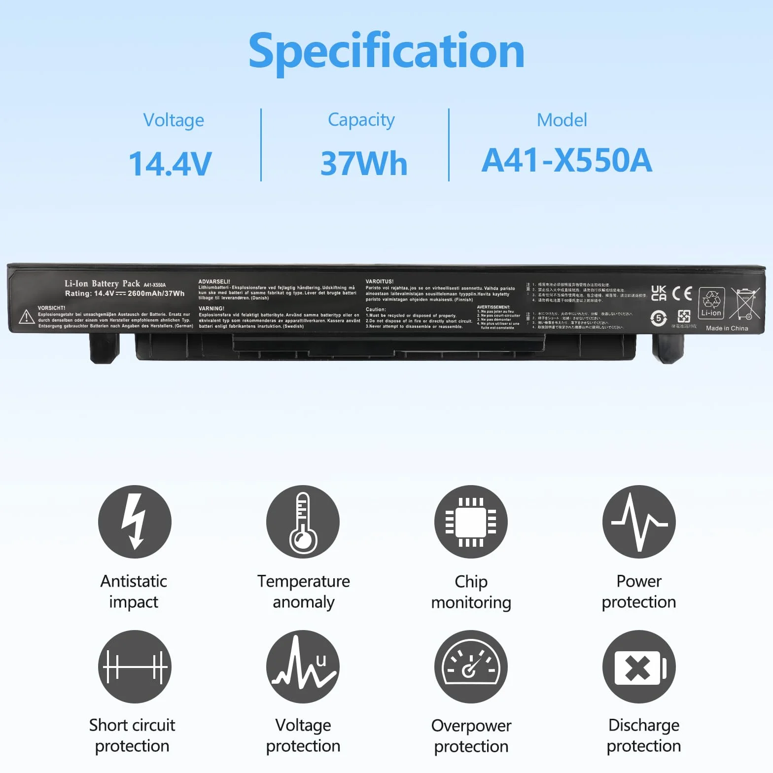 Batterie pour ASUS A41-X550 X550 X550C X550CA X550CC X550CL X550E X550L X552C R510 R510C R510CA R510J R409 A550C A550 F550 F552 K450 K550 P450 P550 Y481C Y581C