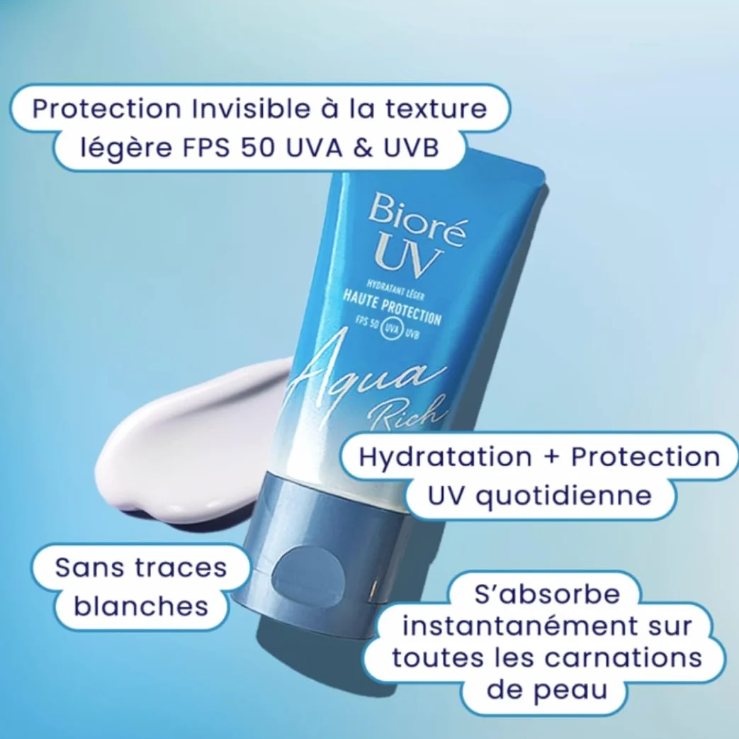BIORÉ Aqua Rich UV FPS50 PA++++ Crème solaire visage Haute Protection UV Hydratation Acide hyaluronique