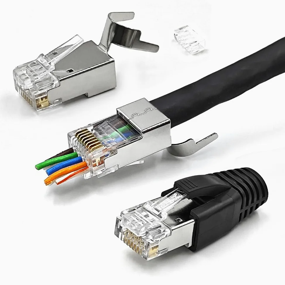 Lot de 30 connecteurs RJ45 blindés Cat7 Cat6A pour réseau modulaire 50μ plaqué or pour Cat 6, Cat 6A, Cat 7 et Cat 8 avec bottes anti-traction