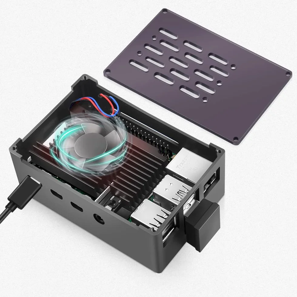 GeeekPi Boîtier NAS Raspberry Pi 4 en aluminium avec ventilateur PWM et adaptateur SSD M.2 SATA
