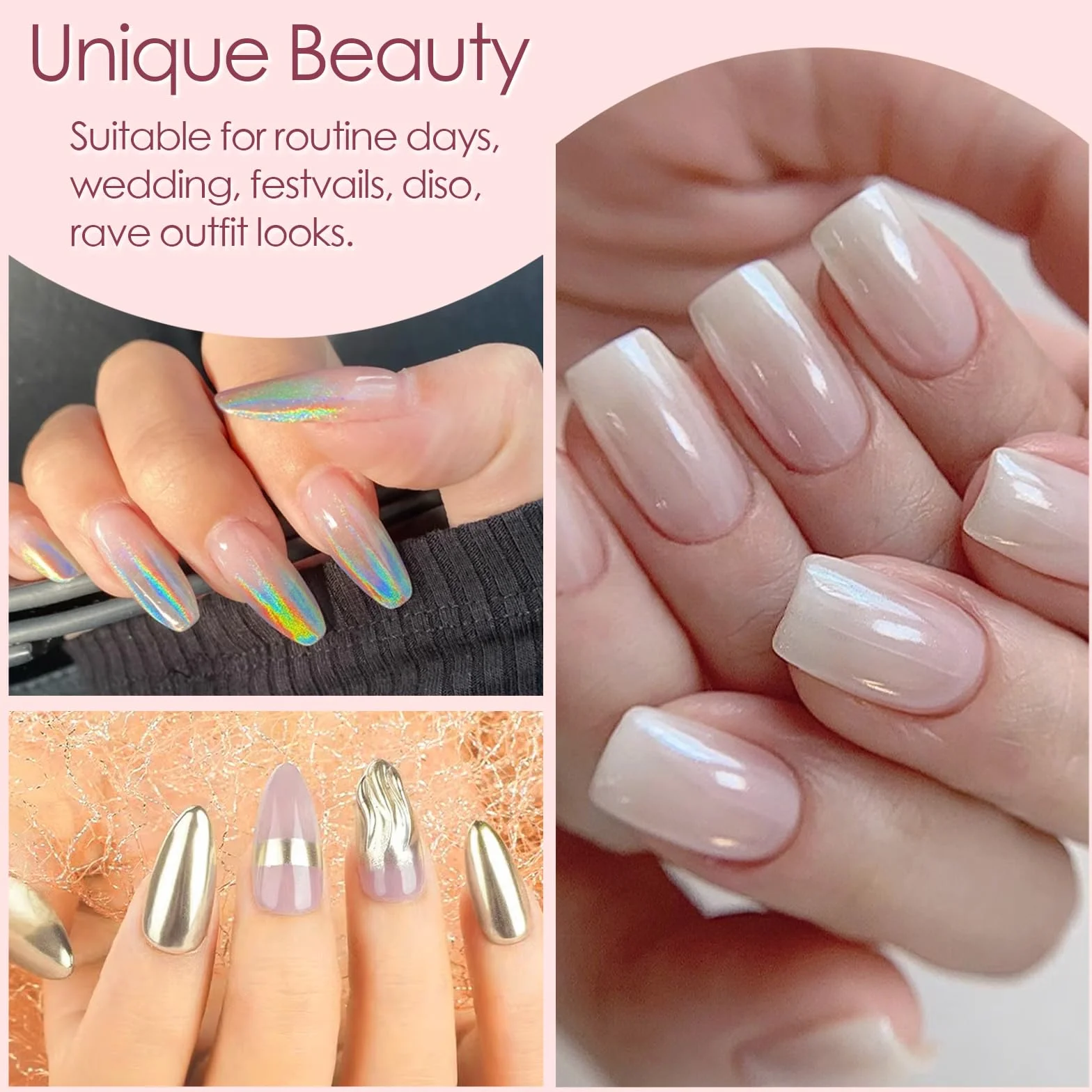 Allstarry Chrome Ongle 4 Couleurs Poudre Or Argent Holographique Aurora Miroir Métallique Paillettes Nail Art