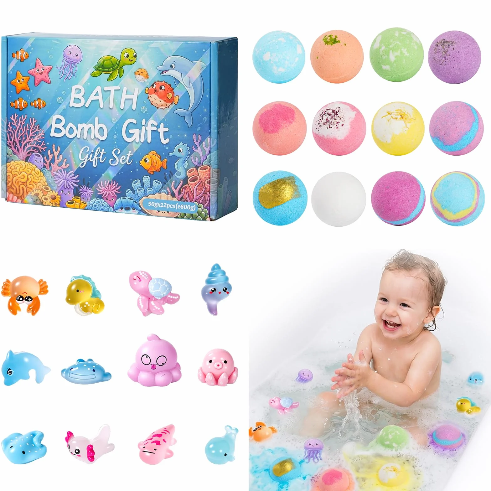 Coffret de Bombes de Bain pour Enfants, 12 PCS Boules de Bain Naturelles avec Jouet Surprise, Cadeau pour Anniversaire Noël