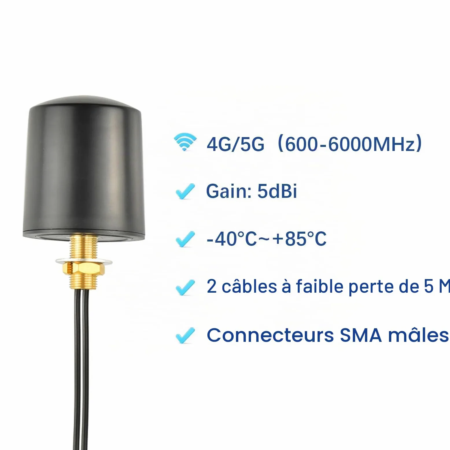 Antenne MIMO 5G 4G LTE 600-6000 MHz Antenne 5 dBi Omnidirectionnelle Extérieure avec Câbles BMR200 SMA Mâle 5M et Adaptateurs TS9 pour Routeur Passerelle Modem WiFi IoT ISM