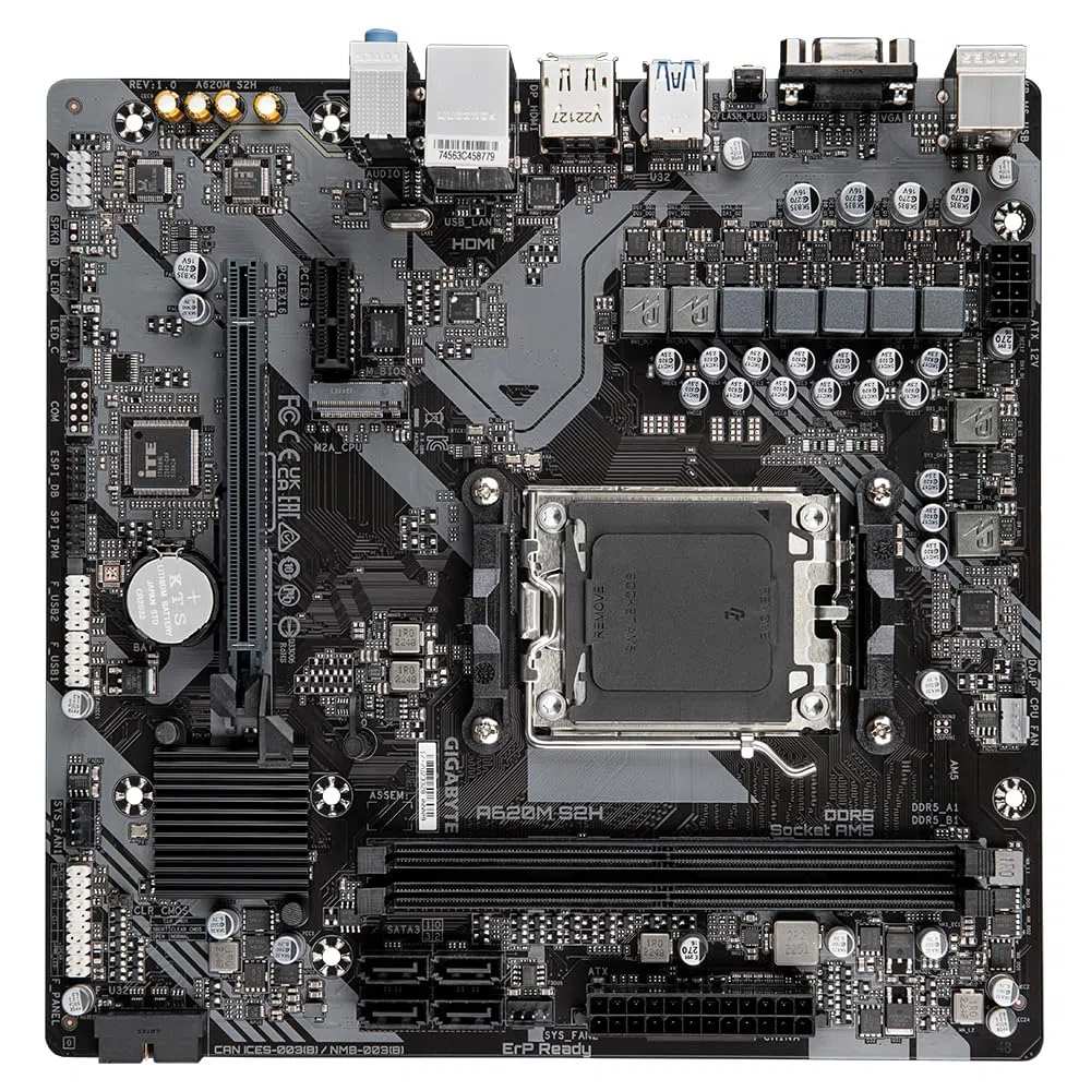 GIGABYTE A620M S2H Carte Mère - Prend en Charge Les processeurs AMD Ryzen 8000, VRM numérique 5+2+2 Phases, jusqu'à 7200MHz DDR5 (OC), 1xPCIe 4.0 M.2, LAN GbE, USB 3.2 Gen 1