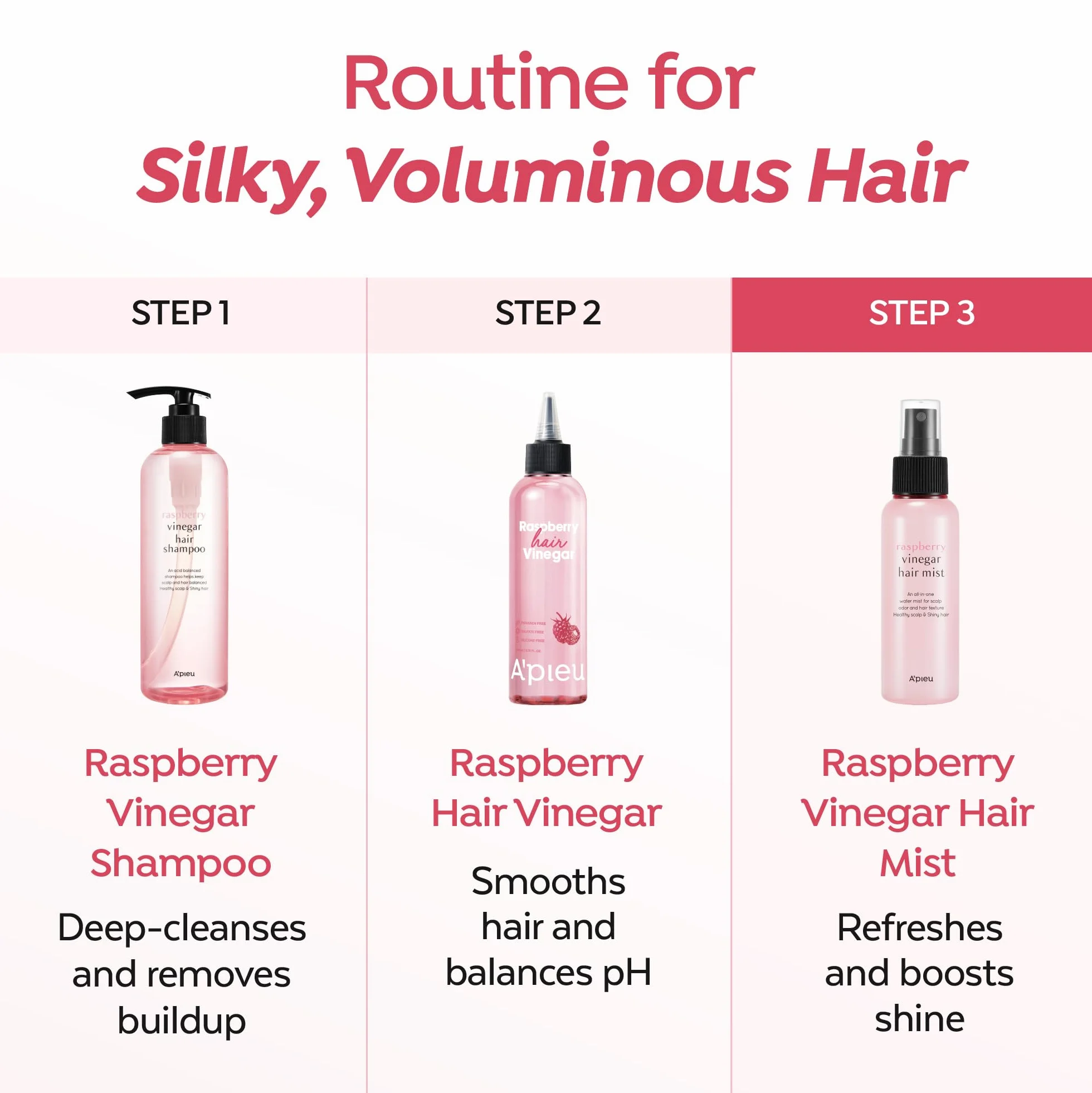 A'PIEU Brume capillaire au vinaigre framboise 105 ml - Soin des cheveux sans frisottis - Parfum floral rafraîchissant non collant