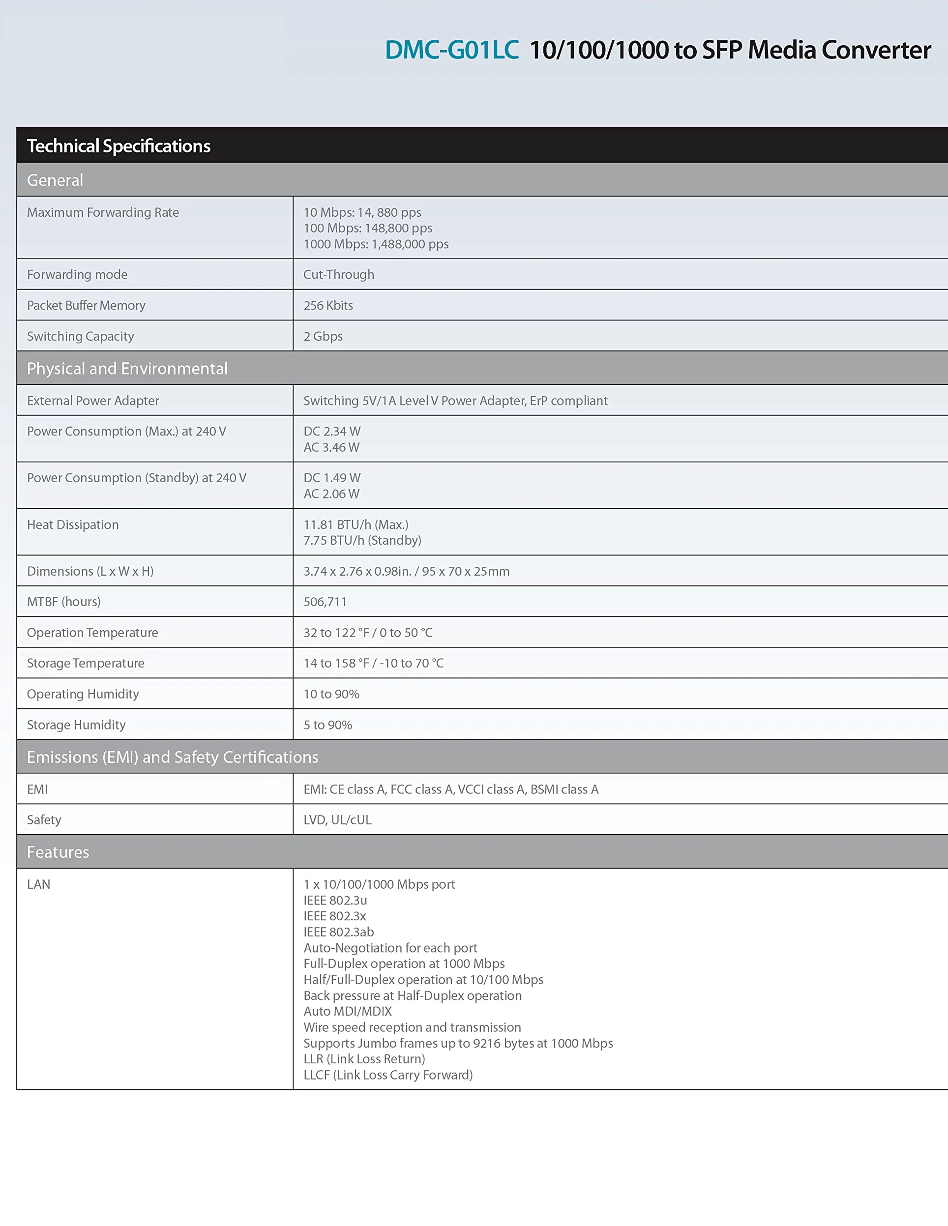 D-Link DMC-G01LC 1000Mbit/s Gris convertisseur de support réseau - Convertisseurs de support réseau (1000 Mbit/s, IEEE 802.3ab,IEEE 802.3u,IEEE 802.3x, Gigabit Ethernet, 10,100,1000 Mbit/s, SFP, Avec fil)