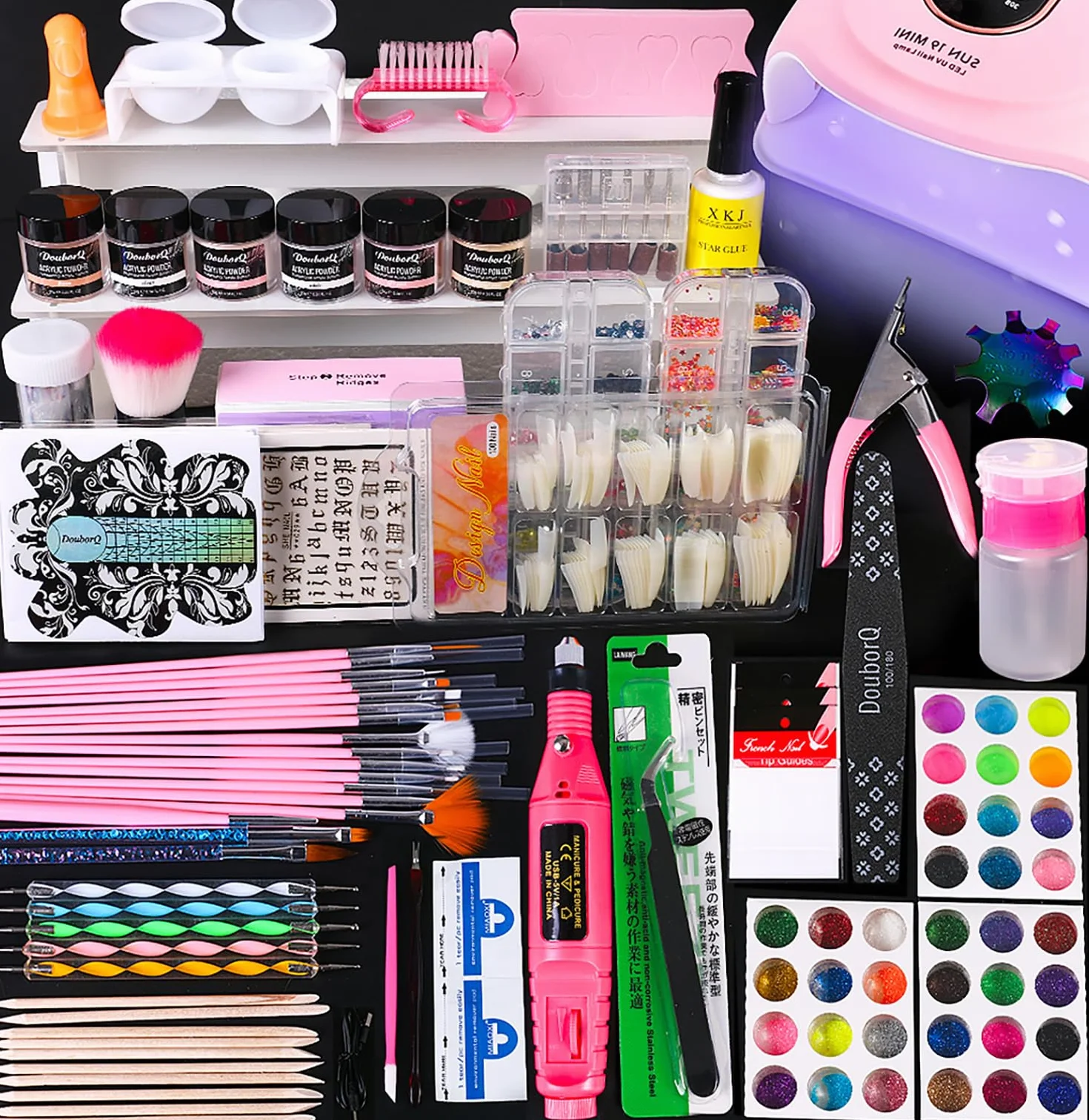 Kit de studio à ongles, poudre acrylique 30 ml avec liquide, ponceuse et lampe UV pour ongles en gel, nail art