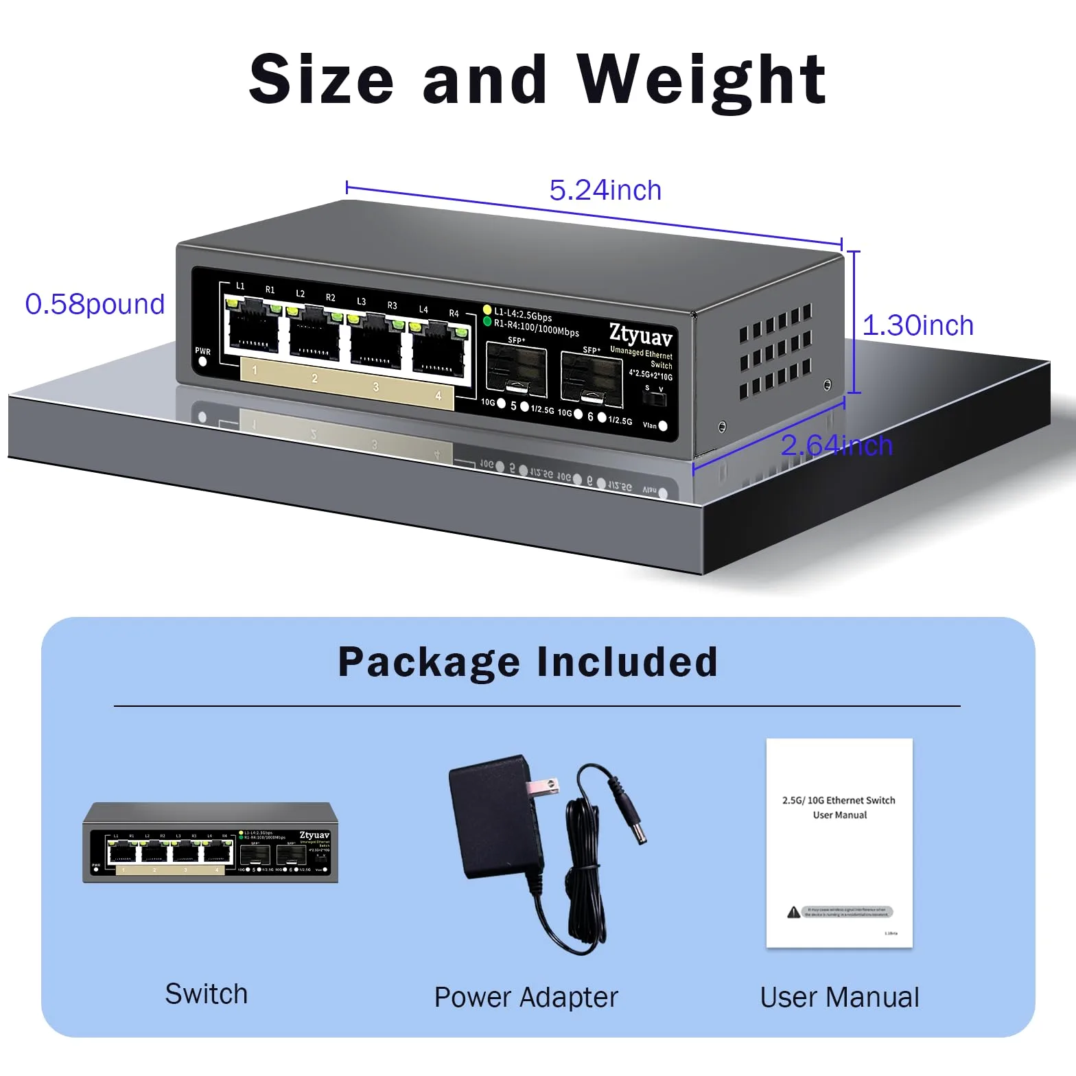 Commutateur Ethernet 2,5 G Non géré à 6 Ports avec 4 Ports RJ-45 Base-T 2,5 G, 2 Ports SFP + 10 G, Vitesse de négociation Automatique 100/1000/2500 Mbps, VLAN à Une Touche, Plug & Play, sans(6)