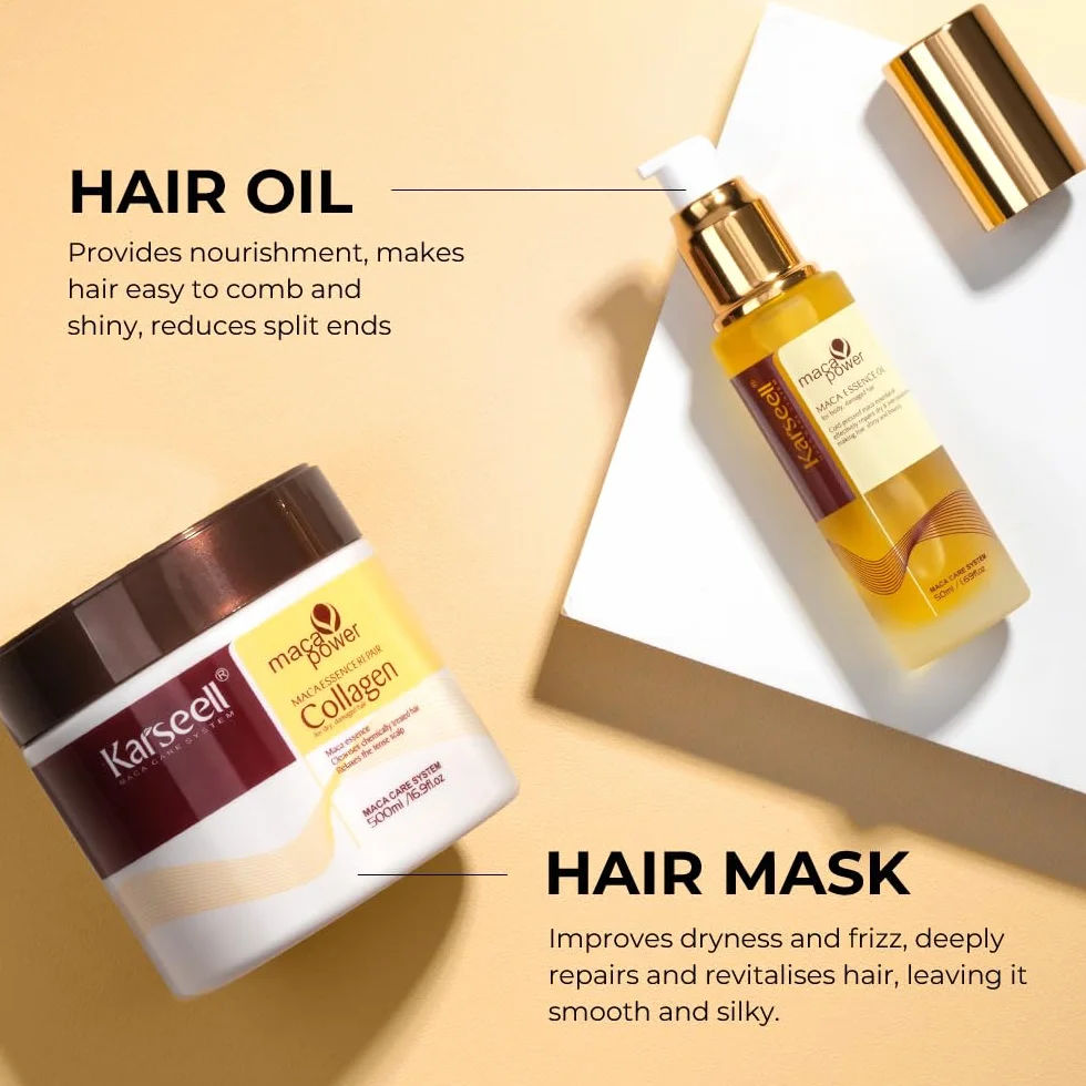 Karseell Collagen Masque Cheveux et Huile Cheveux, Maca Essence Set Réparation Cheveux Secs Abimés, 500ml + 50ml