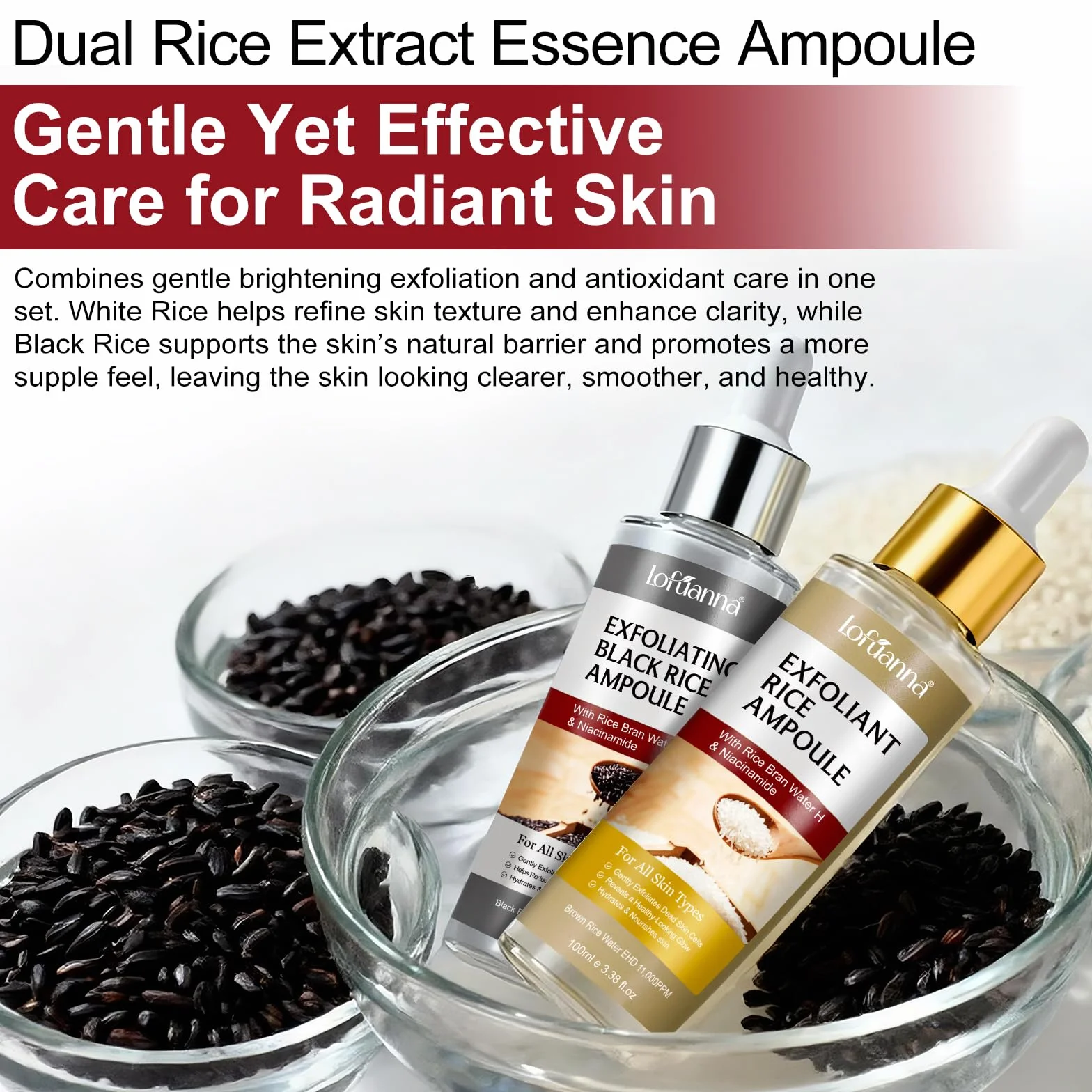 Sérum Exfoliant Visage au Riz Blanc 100ml + Riz Noir 100ml, Peeling Doux AHA BHA VB3, Éclat & Hydratation, Soin Coréen