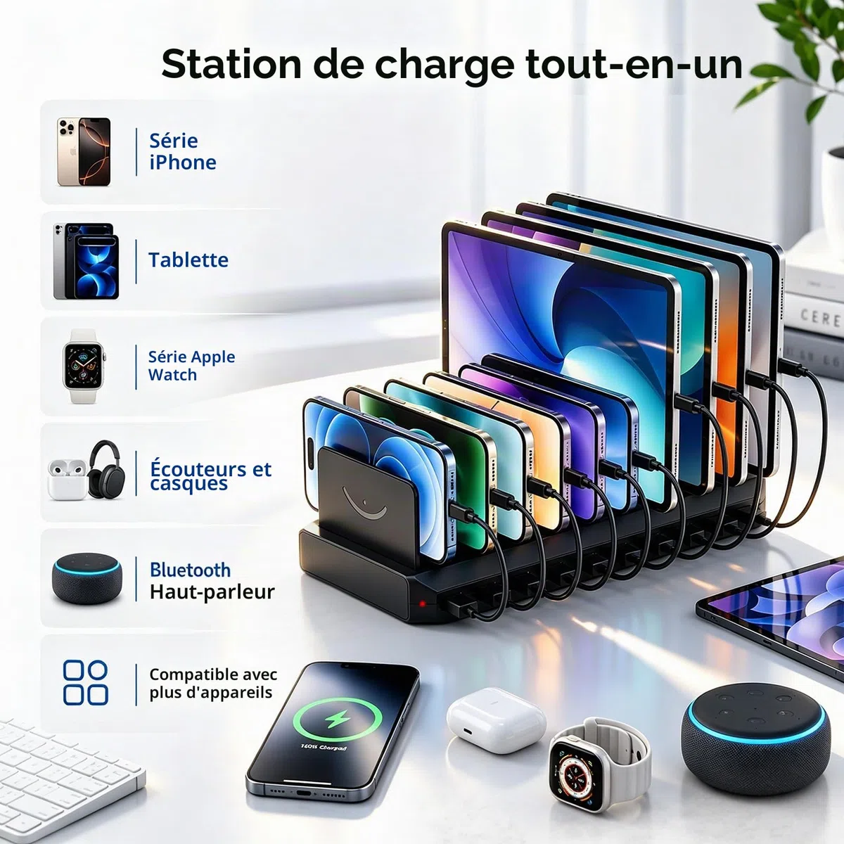 Station de Recharge USB 100 W, Portable 10 Ports Multiples avec séparateur Amovible réglable,Compatible avec iPhone/Apple Watch/Samsung/Google/tablettes/périphériques USB