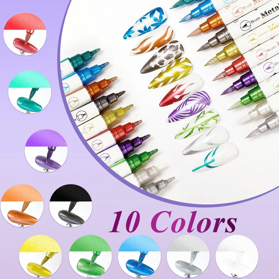 Kit 10 Stylos Vernis à Ongles Double Embout Pinceau Pointe Fine 3D Séchage Rapide Manucure