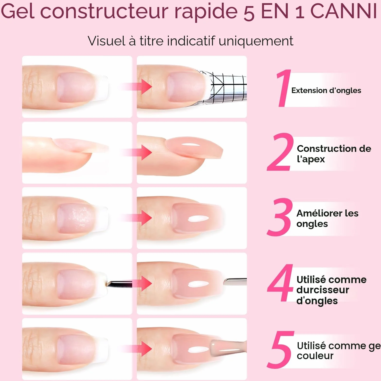 CANNI Gel Construction Ongle UV Quick Builder Gel Rose doux Soft Pink Vernis Gel UV Semi Permanent pour Réparation de Manucure Kit Nail Extension