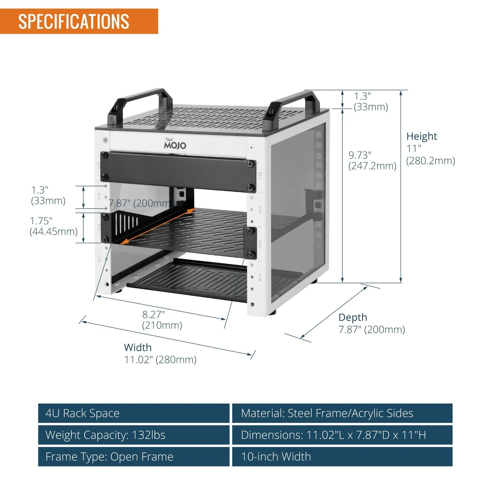 Tecmojo Rack réseau 4U, mini rack de serveur de 25,4 cm avec 2 panneaux translucides latéraux et 2 poignées supérieures, profondeur de 20 cm, pour équipement informatique et appareils A/V de 25,4 cm