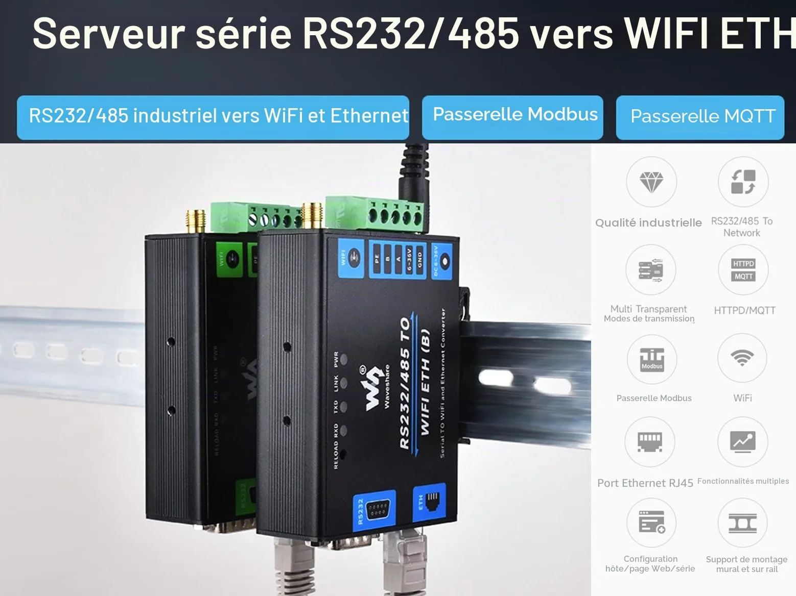Serveur Série RS232/485 vers WiFi POE Ethernet Convertisseur, Modbus/MQTT Gateway, Support Série vers WiFi, Série vers Ethernet, Ethernet vers WiFi, etc. Alimentation DC 6~36V/PoE