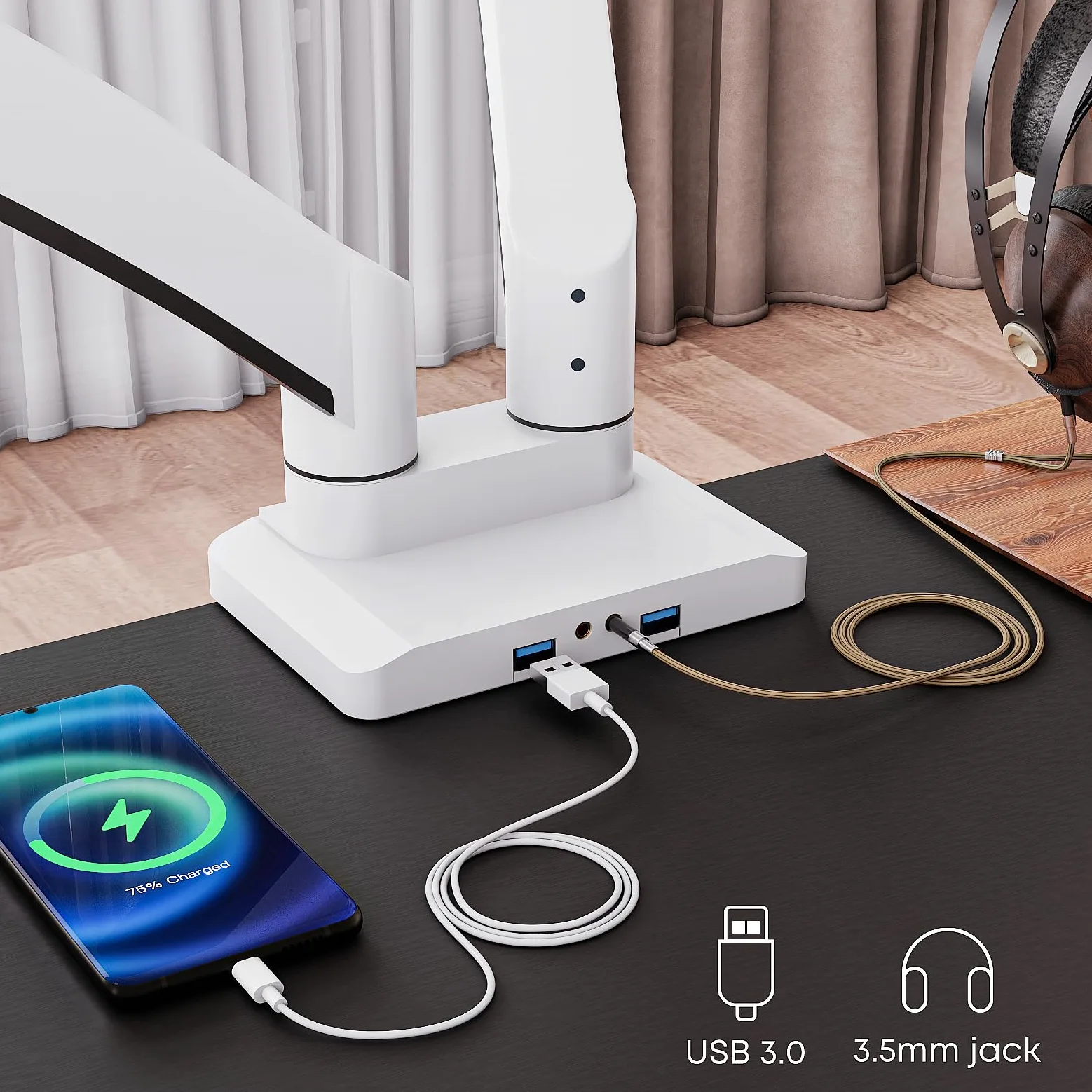 PUTORSEN Support Écran PC 2 Écrans de 17 à 35 Pouces, Aluminium Premium Bras Articulé Ressort à Gaz, Supporte 15 kg par Bras, 2x3.0 USB Port, Réglable en Hauteur, Blanc