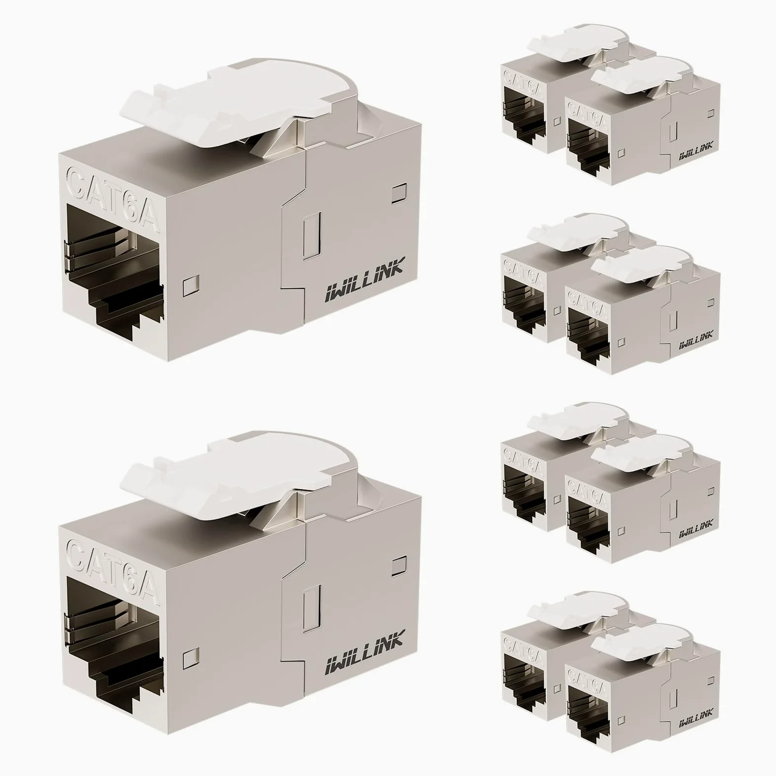 iwillink Lot de 10 coupleurs RJ45 Keystone blindés Cat6A 10 Gbit/s, coupleur Ethernet en alliage de zinc, femelle vers femelle Cat6a Keystone, argenté