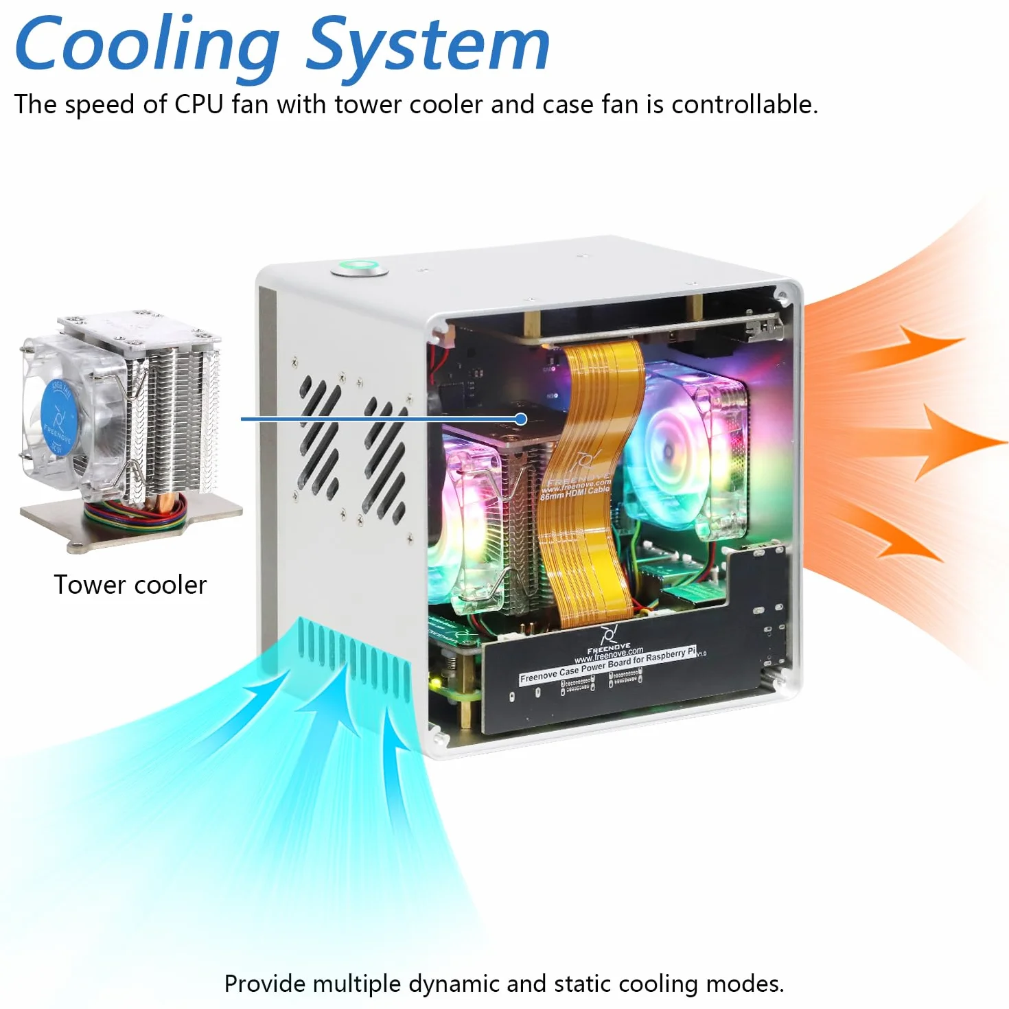 Freenove NAS Case for Raspberry Pi 5, Quad M.2 NVMe SSD Slots, PWM ARGB Fans, CPU Tower Cooler, Stereo Speakers