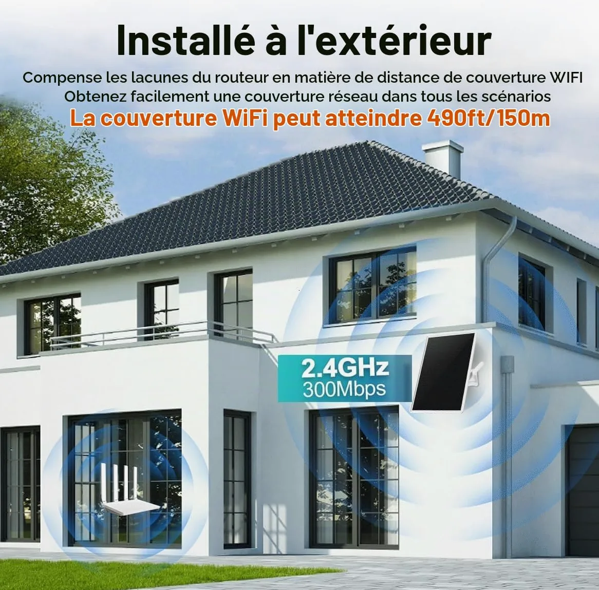 Amplificateur/amplificateur de Signal WiFi Double Bande extérieur pour routeur 2,4GHz, répéteur WiFi,300Mbps,Rayon de Couverture jusqu'à 490 pieds/150mètres,Panneau Solaire 15W/5V,20000mAh IP65 ét