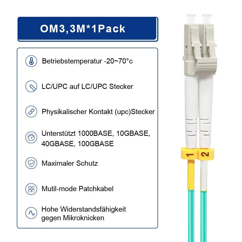 OM3 3M-4pack LC vers LC fibre optique Câble patch | Options de longueur : 0,2 à 100 m, 10 Go duplex LC-LC 50/125 um multimode LSZH 3 m