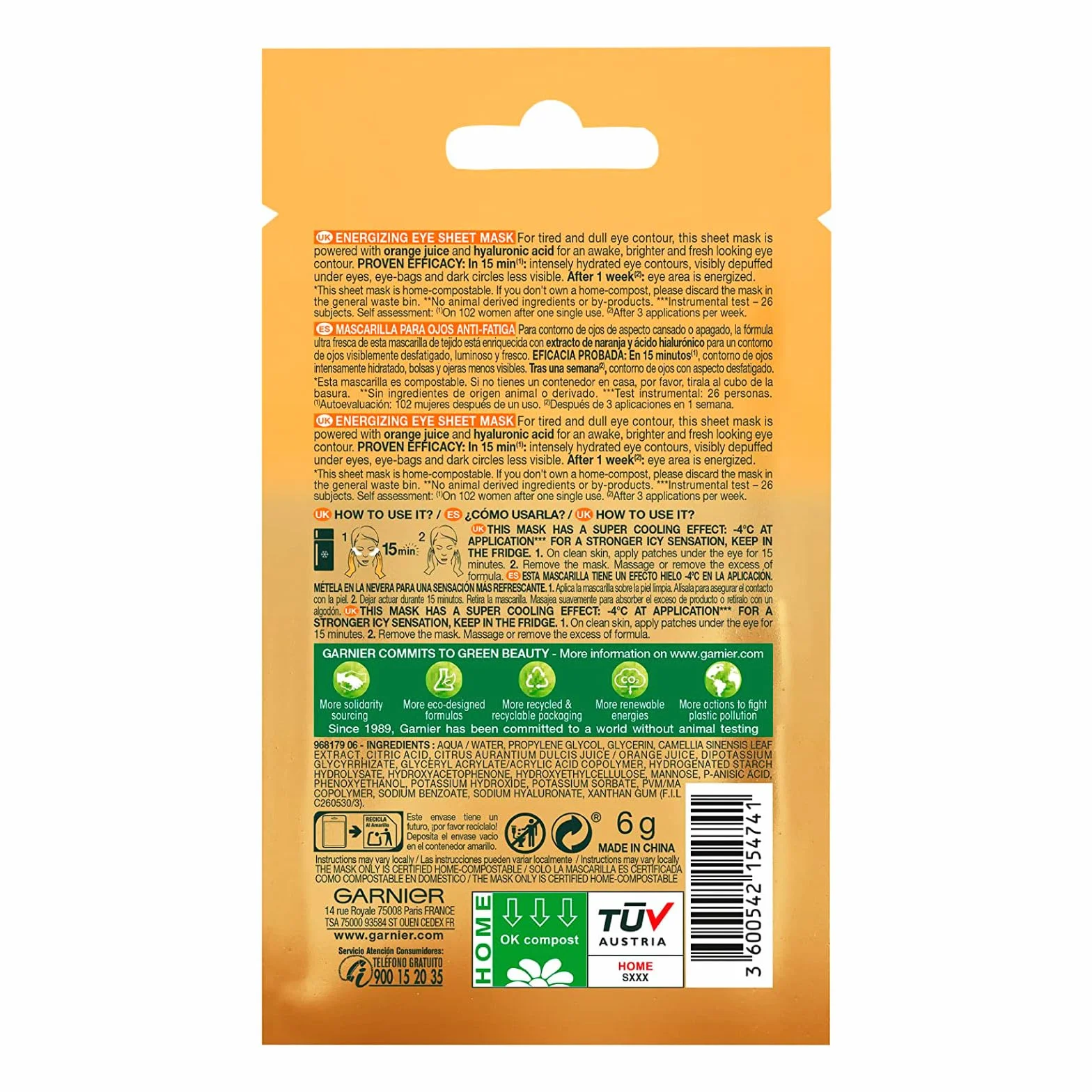 Garnier SkinActive Hydra Bomb Masque Yeux Cernes Acide Hyaluronique 4 Patchs + Cryo Jelly Anti-Âge Glycérine Menthol