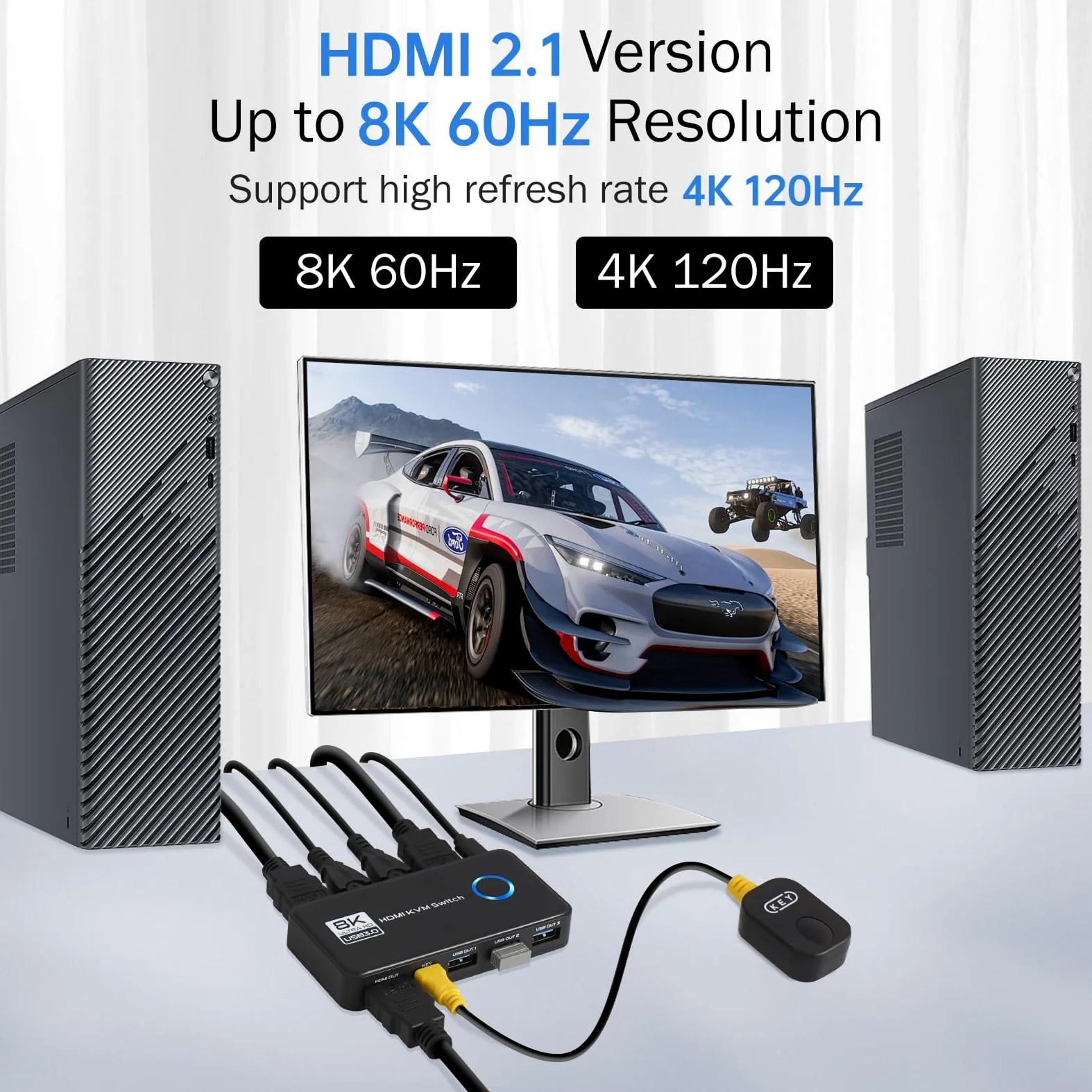 TCNEWCL 8K@60Hz Commutateur KVM HDMI USB 3.0 2 PC 1 moniteur 4K @ 120 Hz, 2 ports Commutateur KVM, prend en charge HDR, Dolby Audio, 3D, HDCP2.3, avec câble HDMI 2.1 et USB 3.0
