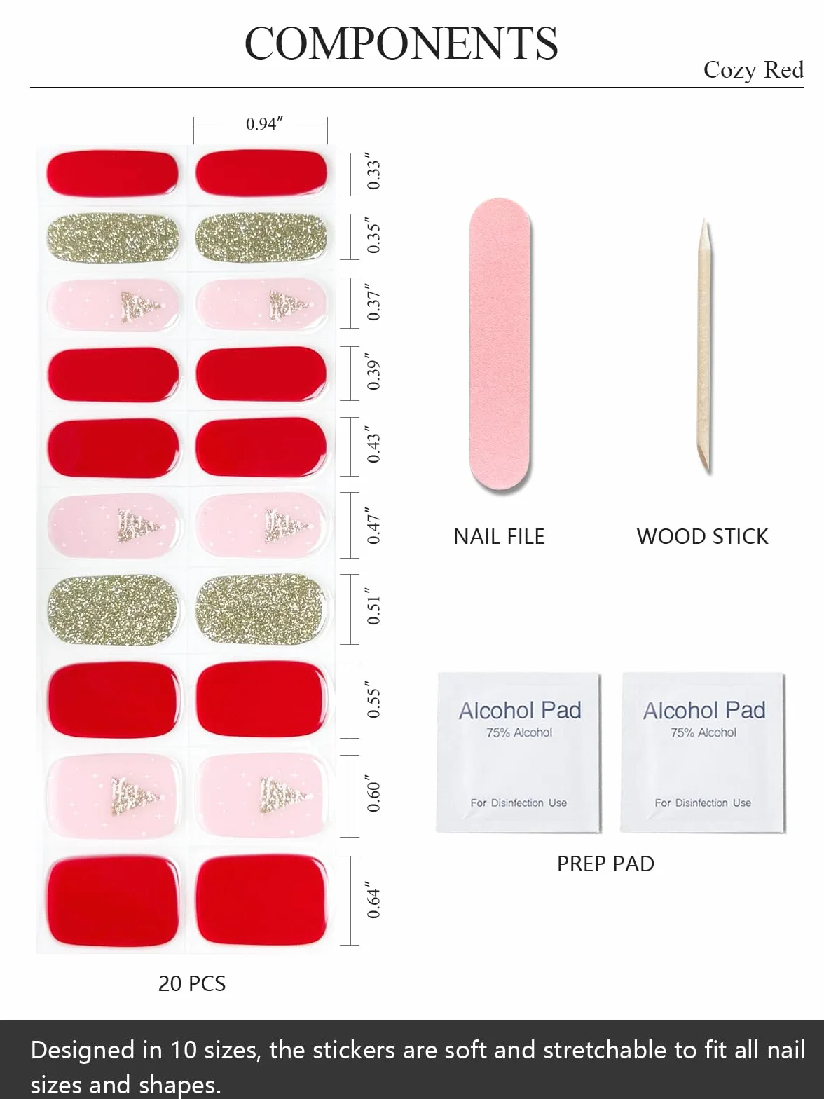 AutyaMee Lot de 20 bandelettes de gel semi-durcies sapin de Noël autocollants UV rouge douillet
