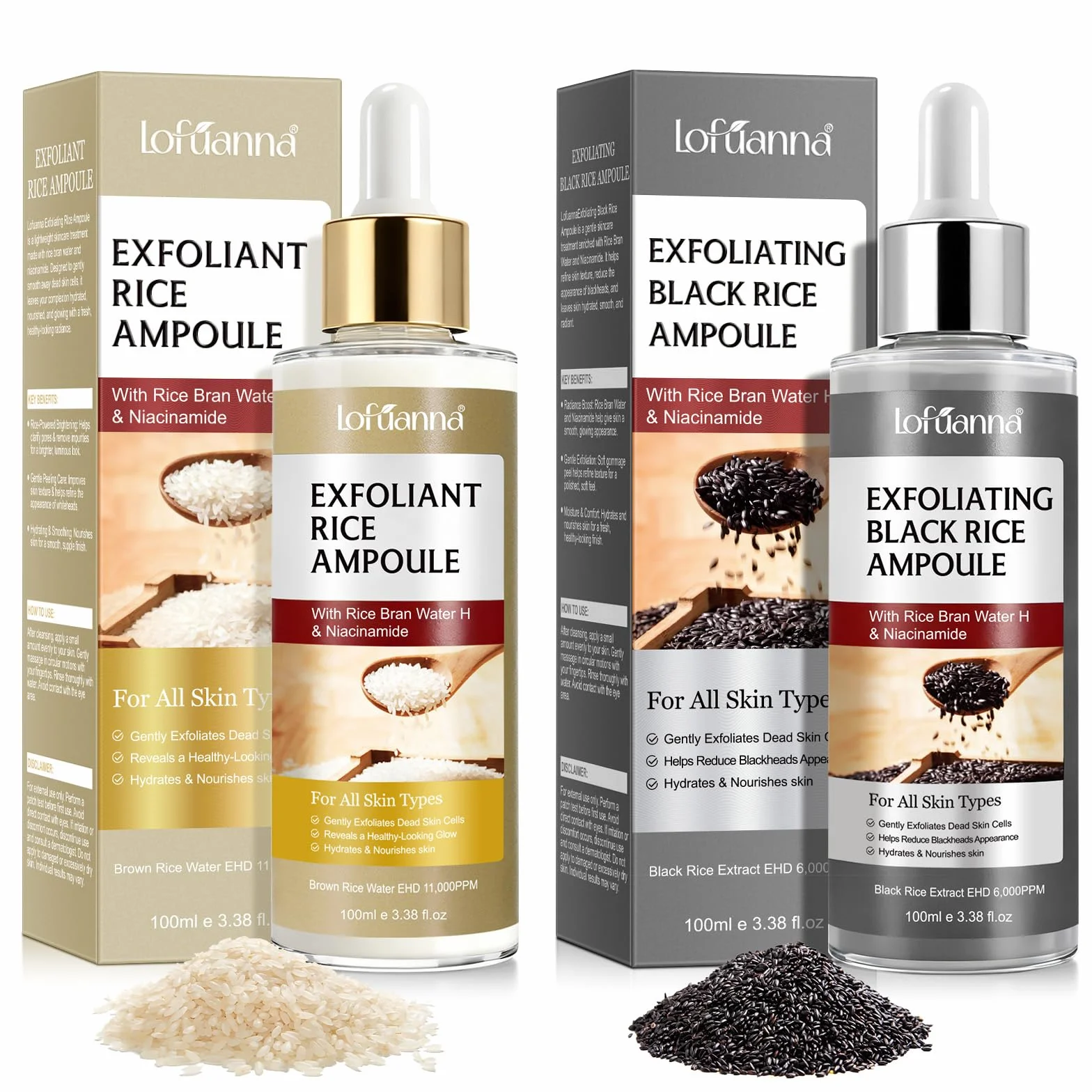 Sérum Exfoliant Visage au Riz Blanc 100ml + Riz Noir 100ml, Peeling Doux AHA BHA VB3, Éclat & Hydratation, Soin Coréen