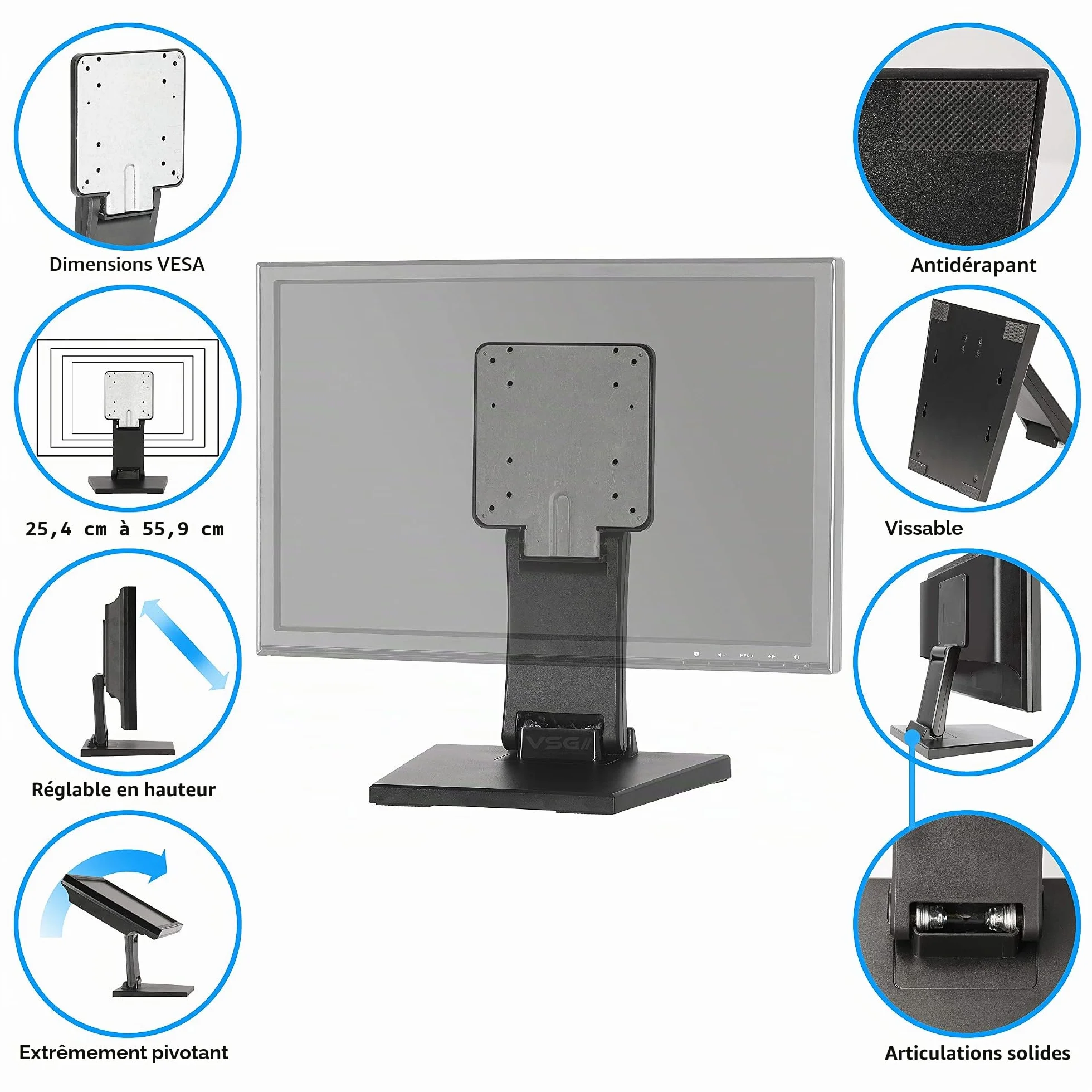 Support de Moniteur POS PC ou Écran Tactile VESA Métal 10-22 Pouces Noir