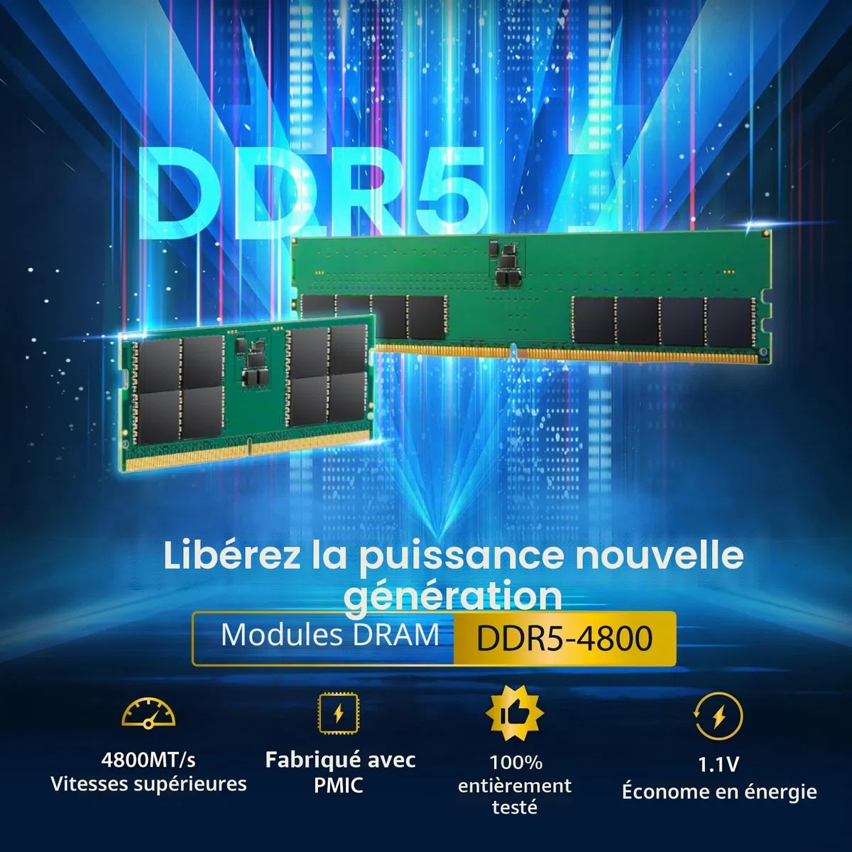 Transcend JetRam 8Go DDR5 4800MHz So-DIMM CL40, RAM pour PC Portable