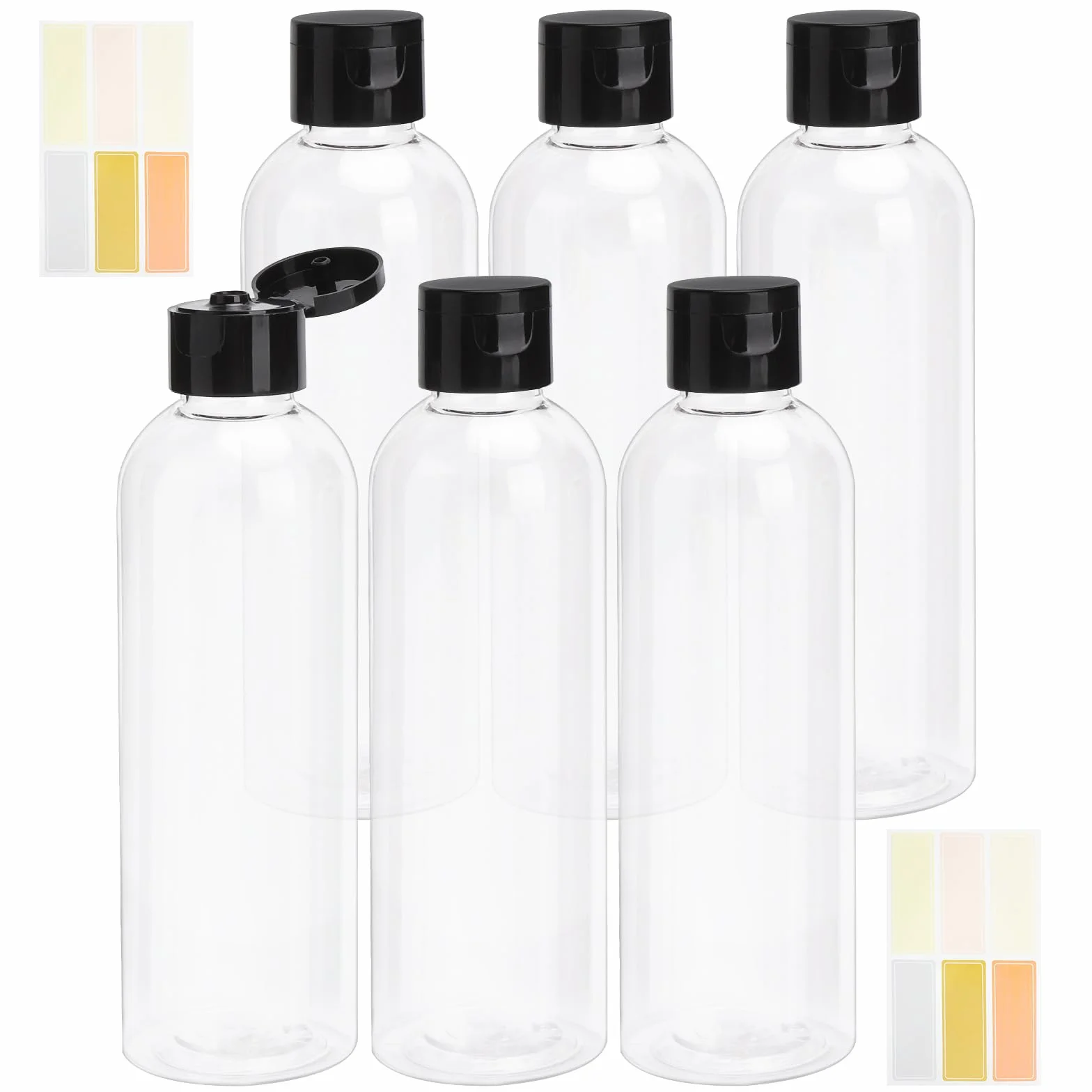 Ensemble 6 Flacons Voyage 200 ml avec Étiquettes Autocollantes Rechargeables pour Shampoing, Après-shampoing