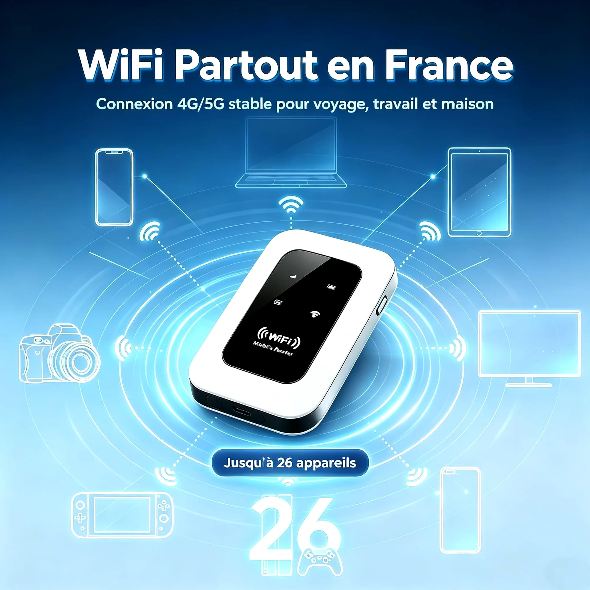 Routeur 5G Portable WiFi 6 Déverrouillé sans abonnement, Modem 5G/4G+ avec Nano‑SIM, jusqu'à 26 appareils connectés, Haut débit sans Box, idéal pour Voyage, Camping et télétravail