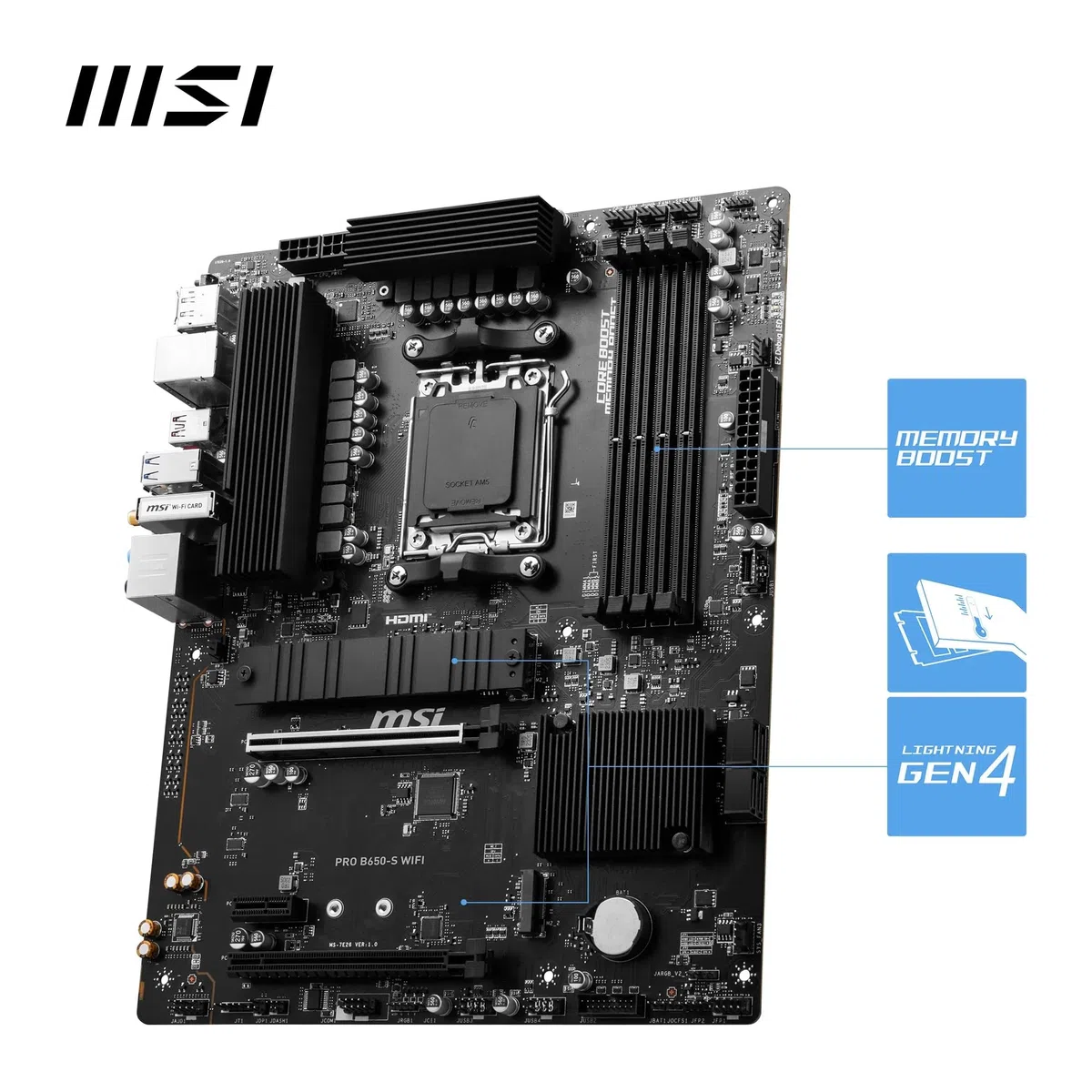 MSI Pro B650-S Carte mère WiFi V1, ATX - Prend en Charge Les processeurs AMD Ryzen 9000/8000/7000, AM5 - DDR5 Memory Boost 6000+MHz/OC, 2 x PCIe 4.0 x16, 2 x M.2 Gen4, Wi-FI 6E