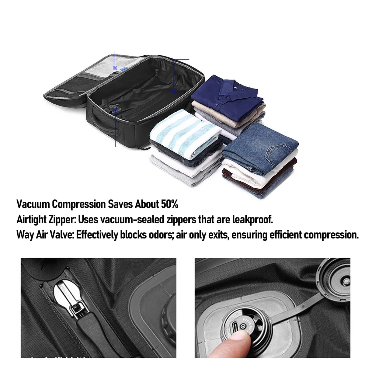 Dpofirs Backpack de Voyage à Vide, Sac à Dos Extensible 22L, avec une Pompe à Vide, un Ordinateur Portable de 19 Pouces, un Sac de Compression de Phoque, pour les Voyages D'affaires