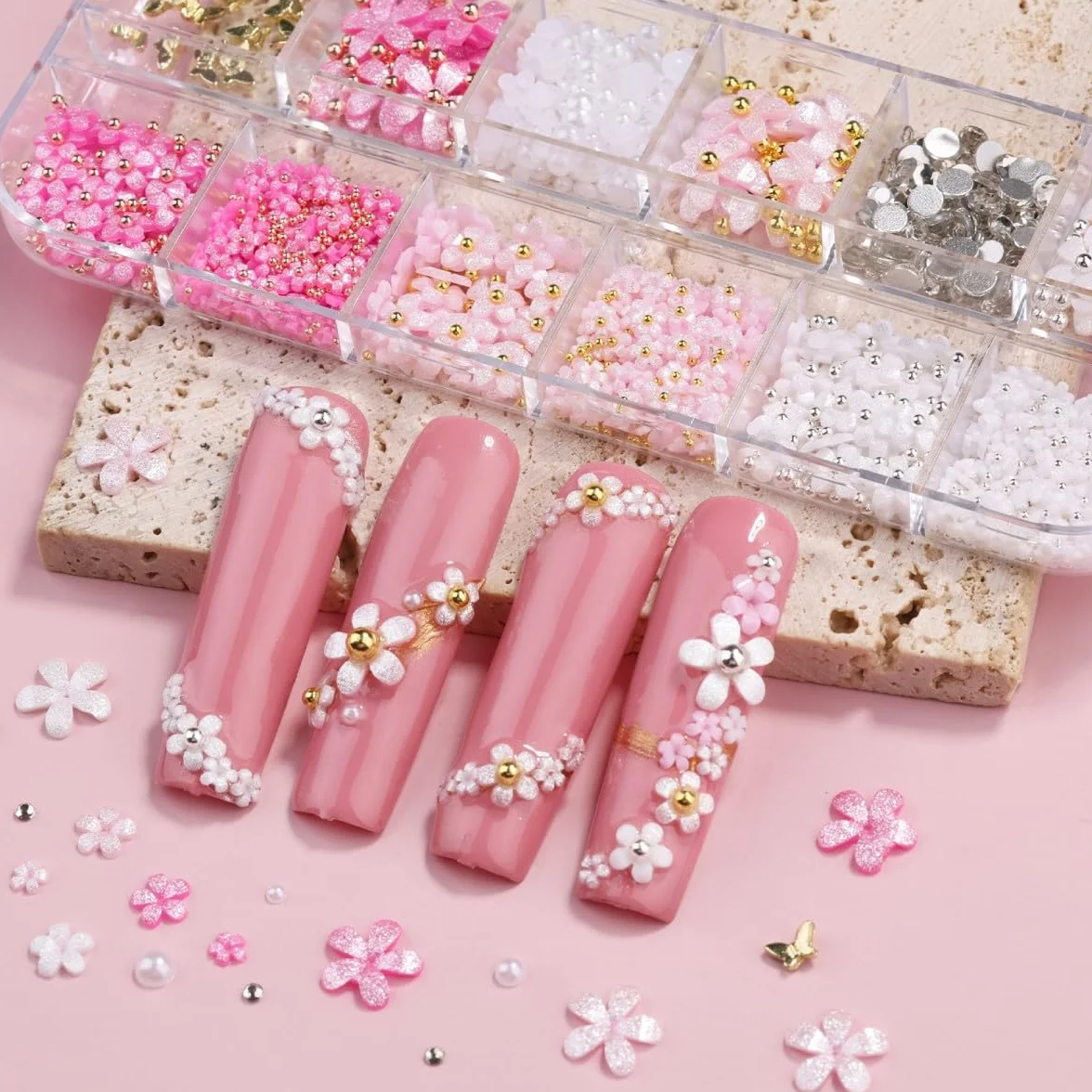 Boîtes de breloques pour ongles 3D nœud fleur demi-perle roses pailletées accessoires manucure loisirs créatifs