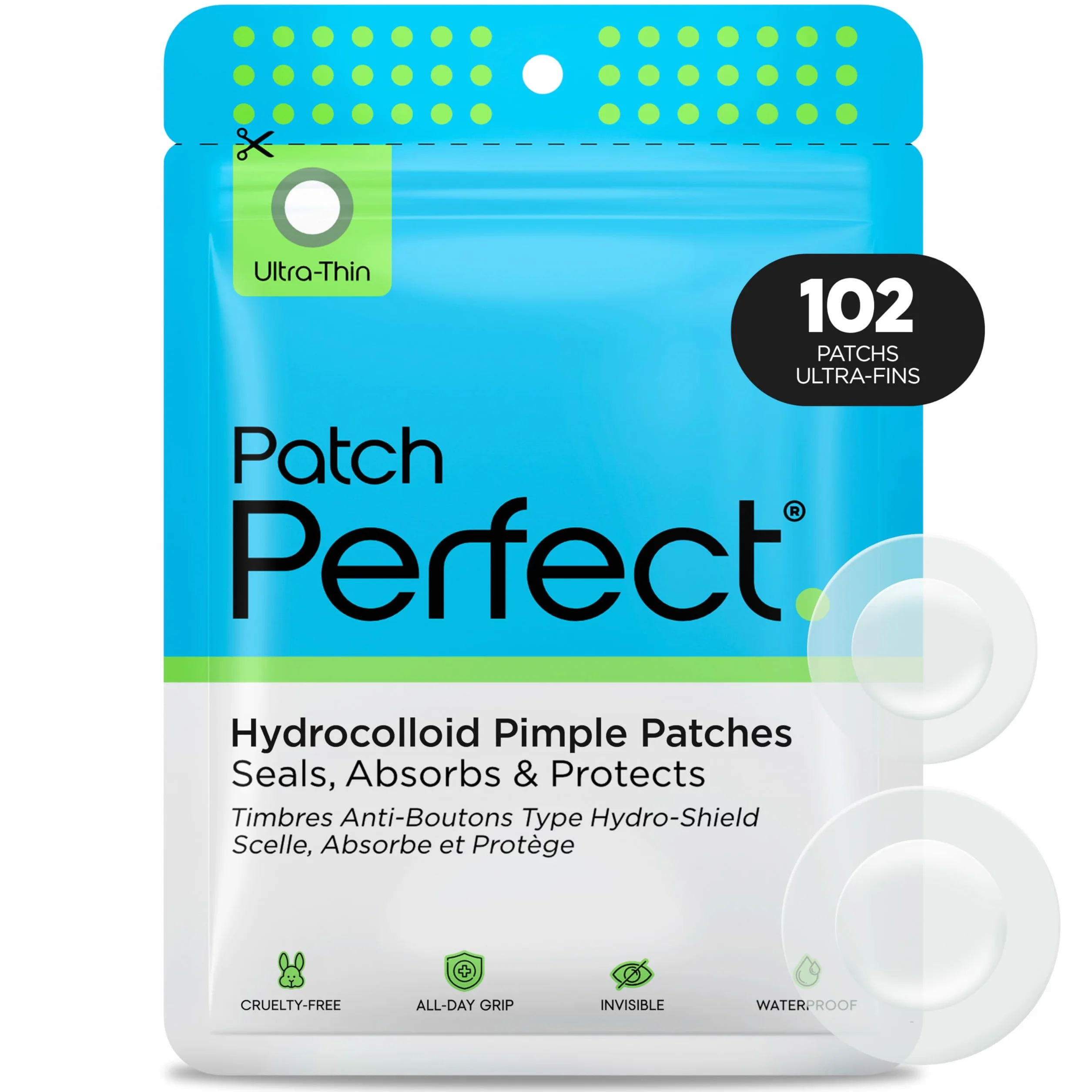Patch Boutons Hydrocolloïde Coréen Anti-Acné Invisibles 102 Unités 2 Tailles Végétalien