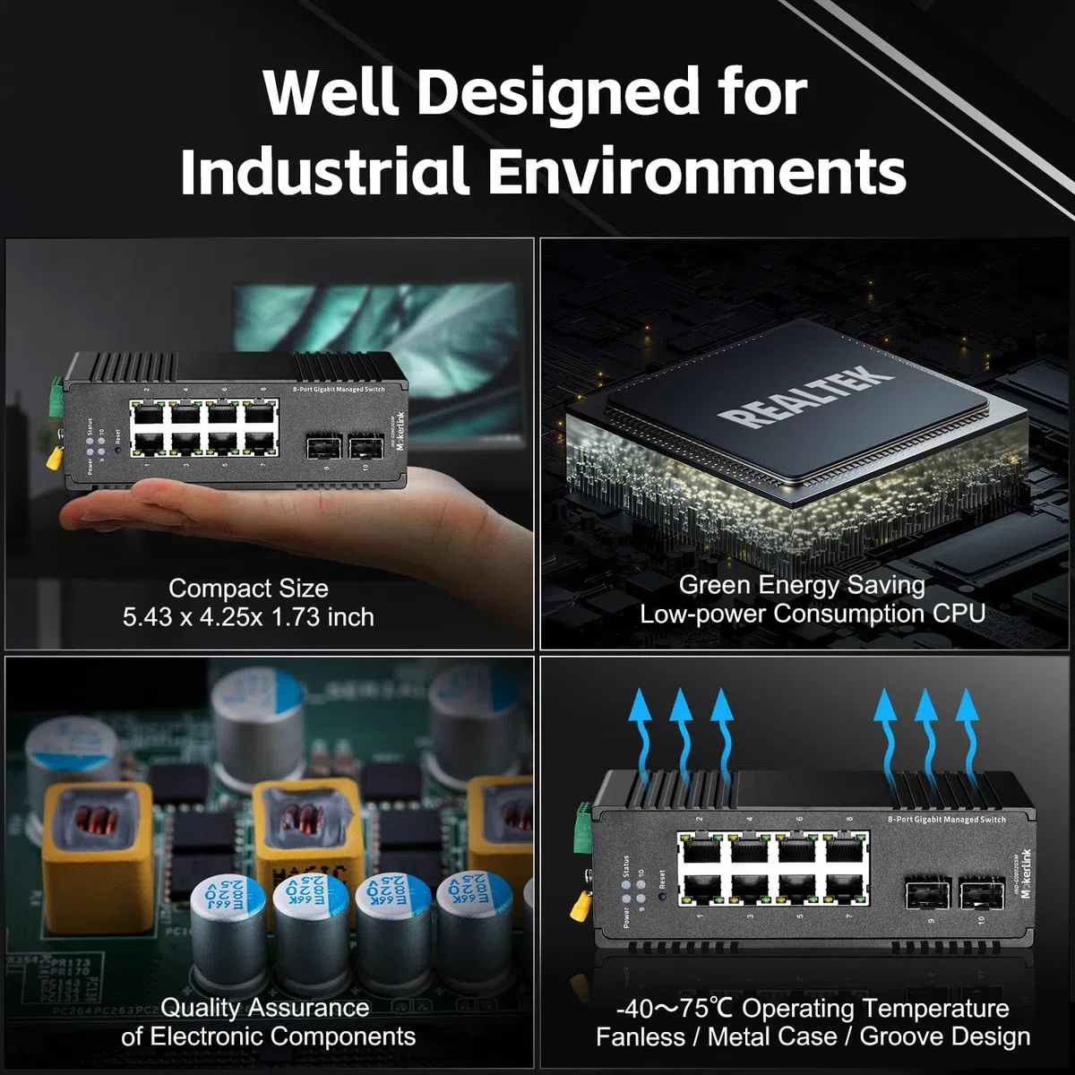 MokerLink 8 Port Gigabit Industrial DIN-Rail Ethernet Switch Managed, 2 SFP Ports, 20Gbps Switching Capacity, Web L2+ Managed IP40 Network Switch, avec Adaptateur Secteur