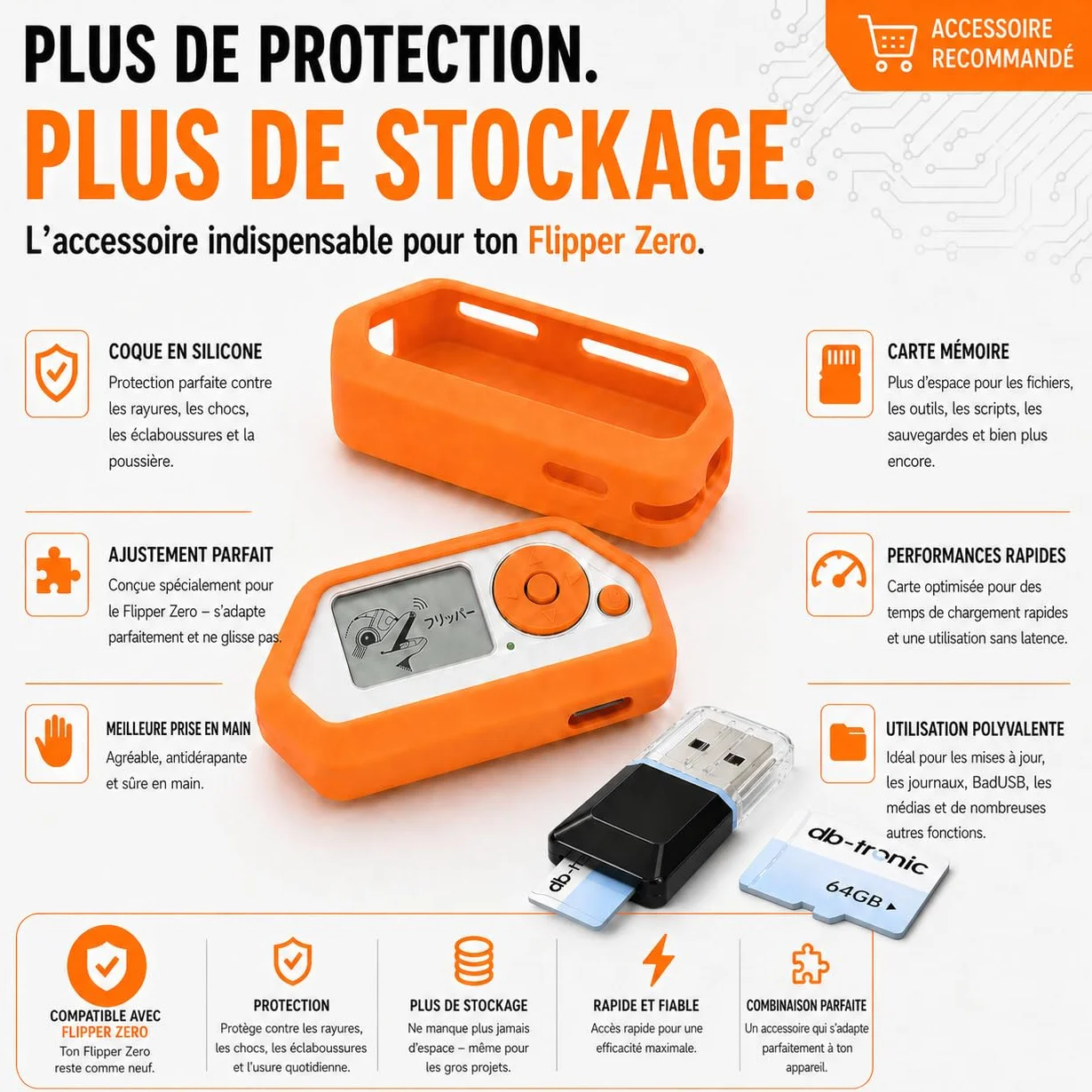 Flipper Zero Starter Kit Complet avec Carte WiFi, Coque Silicone, 64 Go Carte Mémoire et Lecteur USB