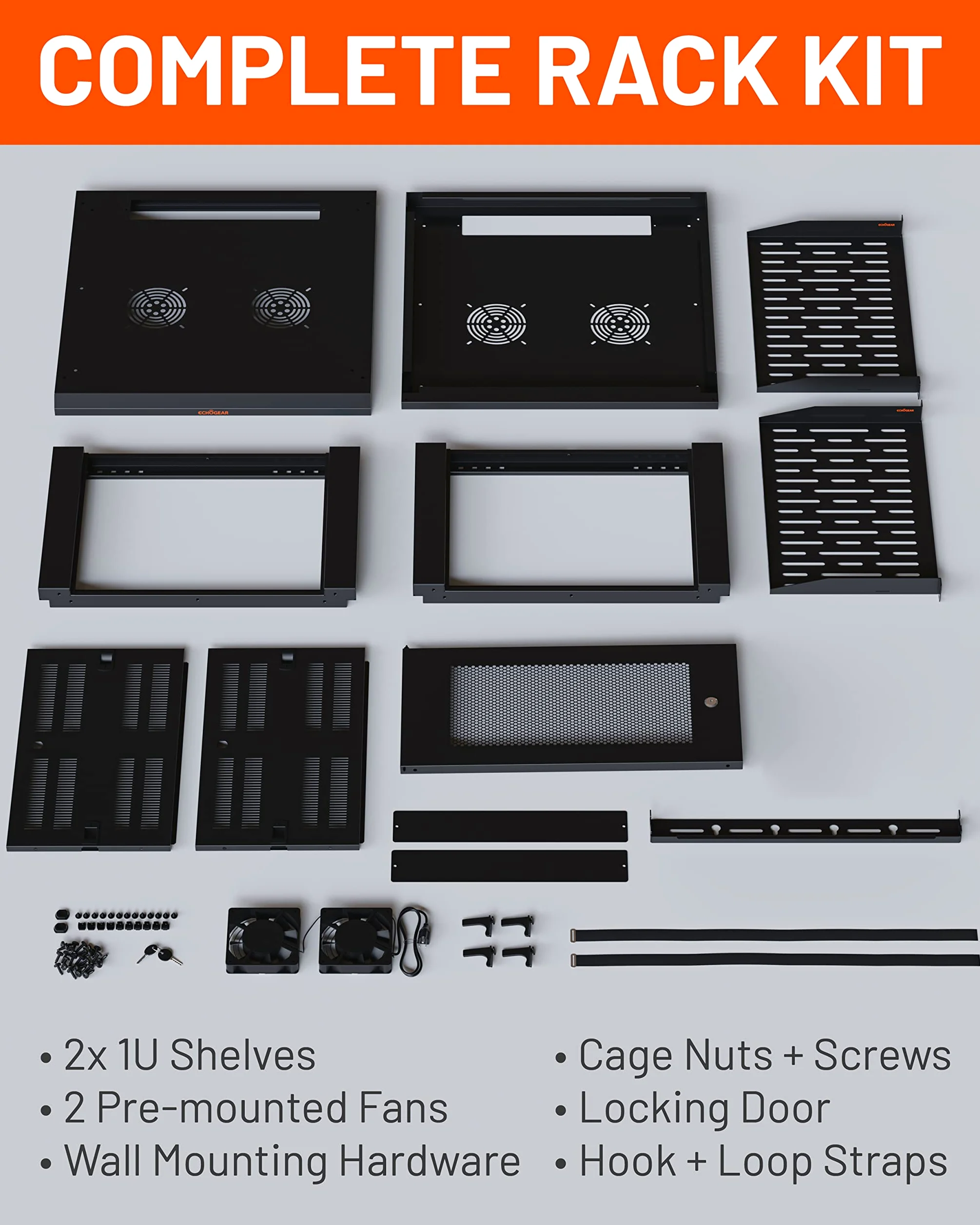 ECHOGEAR Rack réseau 6U – Kit de Montage Mural fermé Comprenant 2 étagères 1U, Ventilateur pré-monté, Porte verrouillable et matériel – Profondeur de 600 mm pour Tous Vos équipements AV