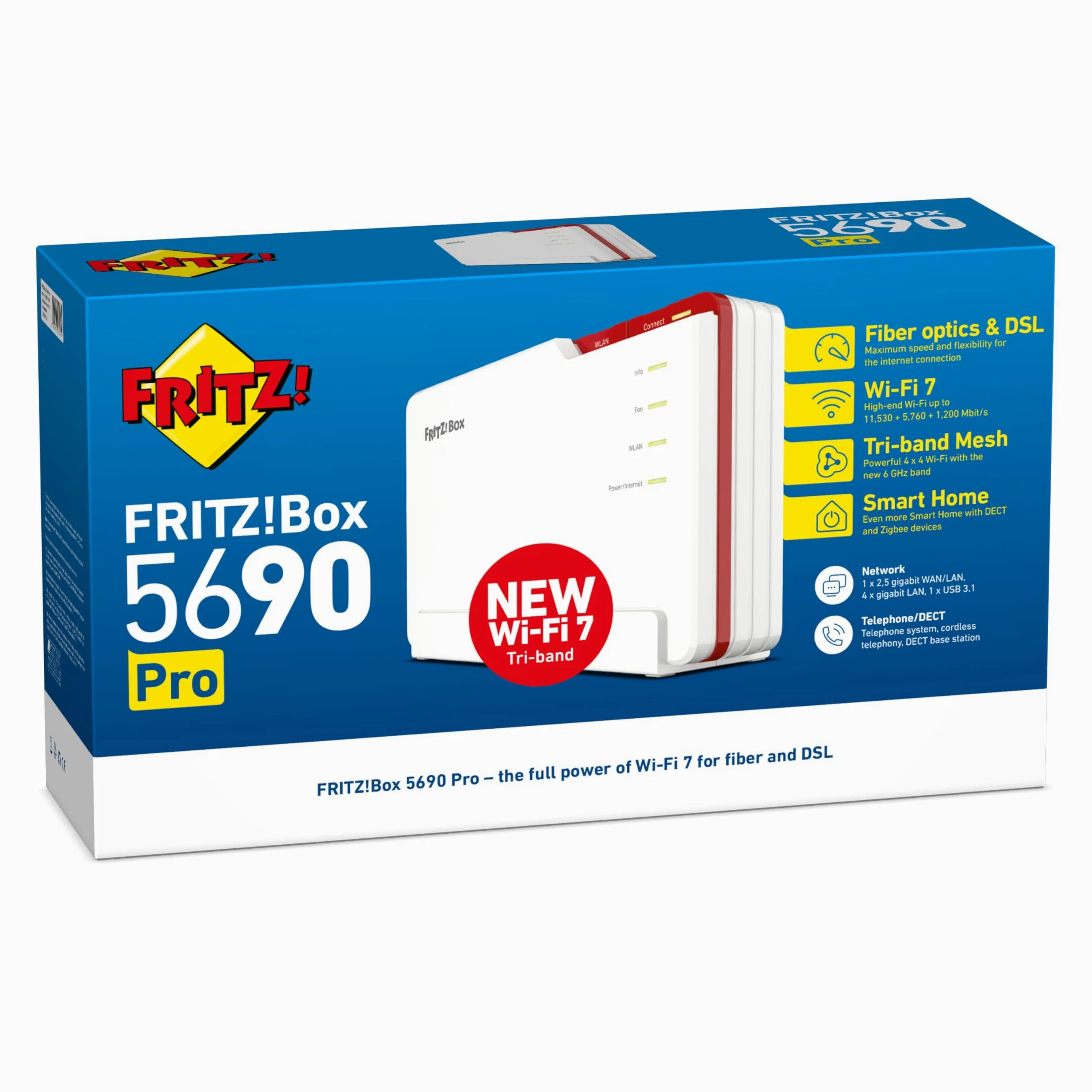 FRITZ!Box 5690 Pro | routeur DSL et Fibre | Wi-FI 7 jusqu'à 18,5 Gbit/s | Pour lignes DSL, AON et GPON, Wi-Fi tri-bande (2,4/5/6 GHz), débit au top pour 4K/8K et les jeux, Mesh Wi-Fi, Made in Europe