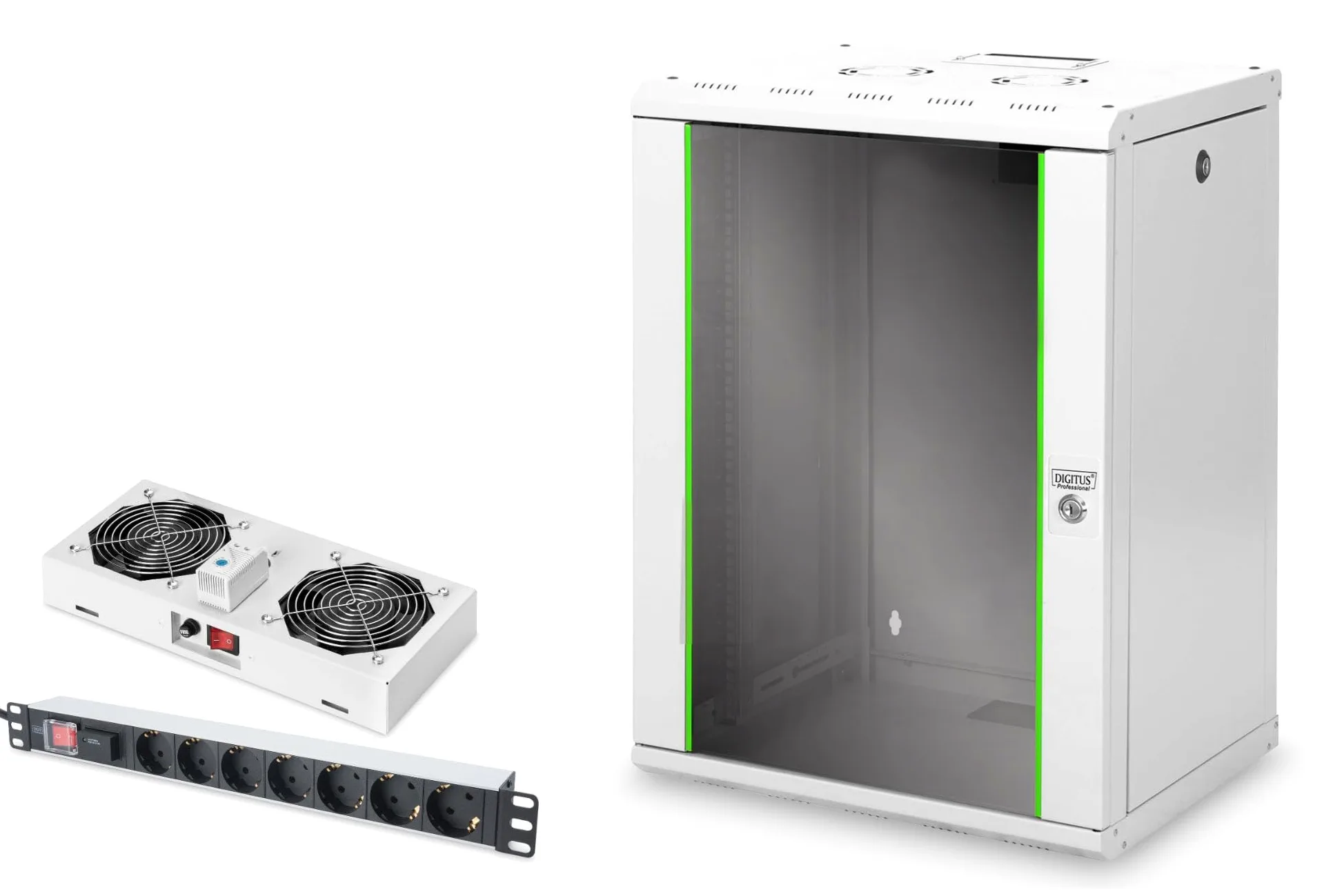 DIGITUS Set: Armoire réseau 19" 16U + Ventilateur de Toit + Bloc multiprise 7 Ports // Rack 19 Pouces - Montage Mural - Profondeur 450mm - Charge 100kg - Profondeur utile 305-370 mm - Gris