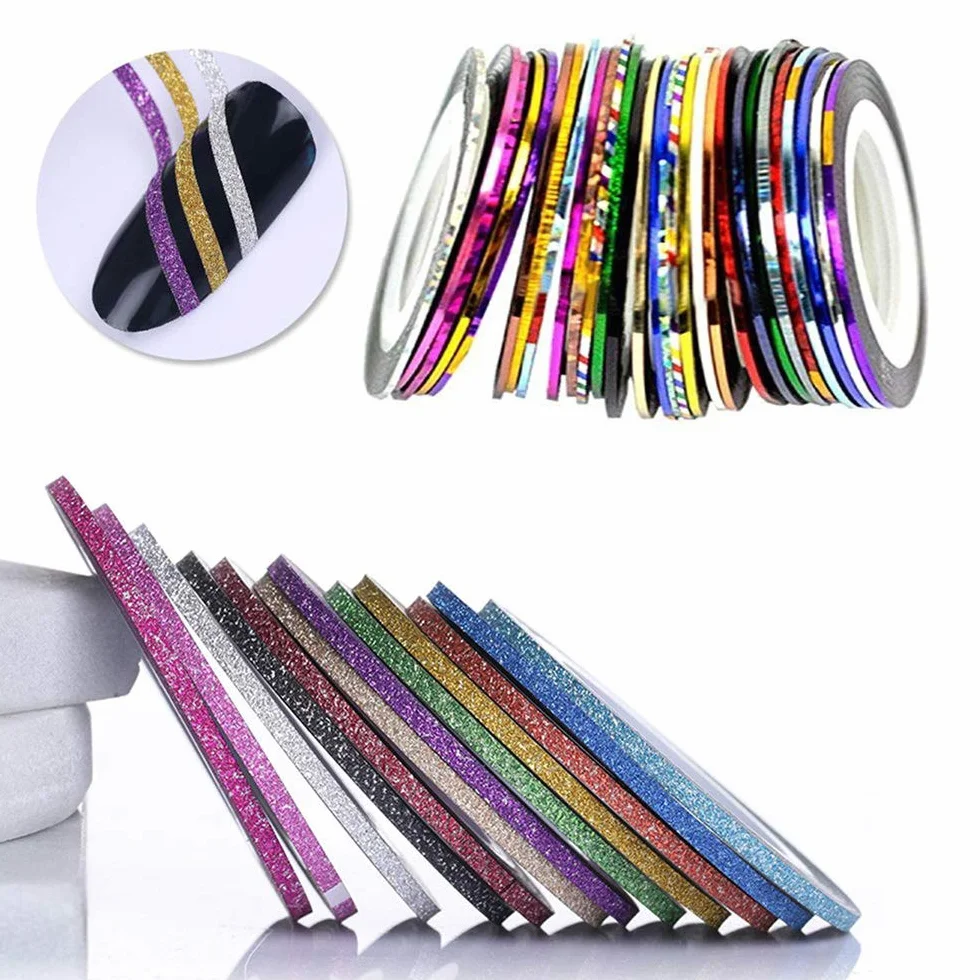 Ruban Autocollants à Ongles 32 Rouleaux Couleurs Mélangées, Accessoires Nail Art DIY Or Argent