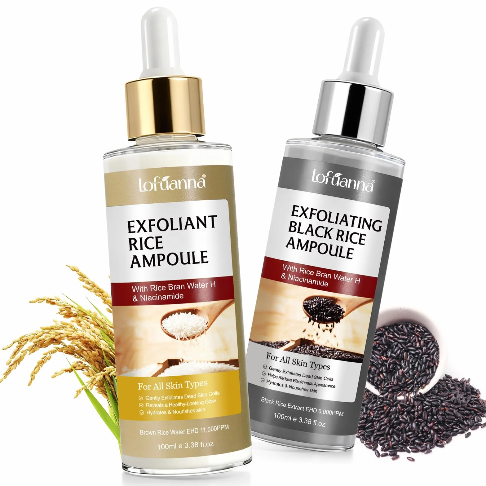 Sérum Exfoliant Visage au Riz Blanc 100ml + Riz Noir 100ml, Peeling Doux AHA BHA VB3, Éclat & Hydratation, Soin Coréen