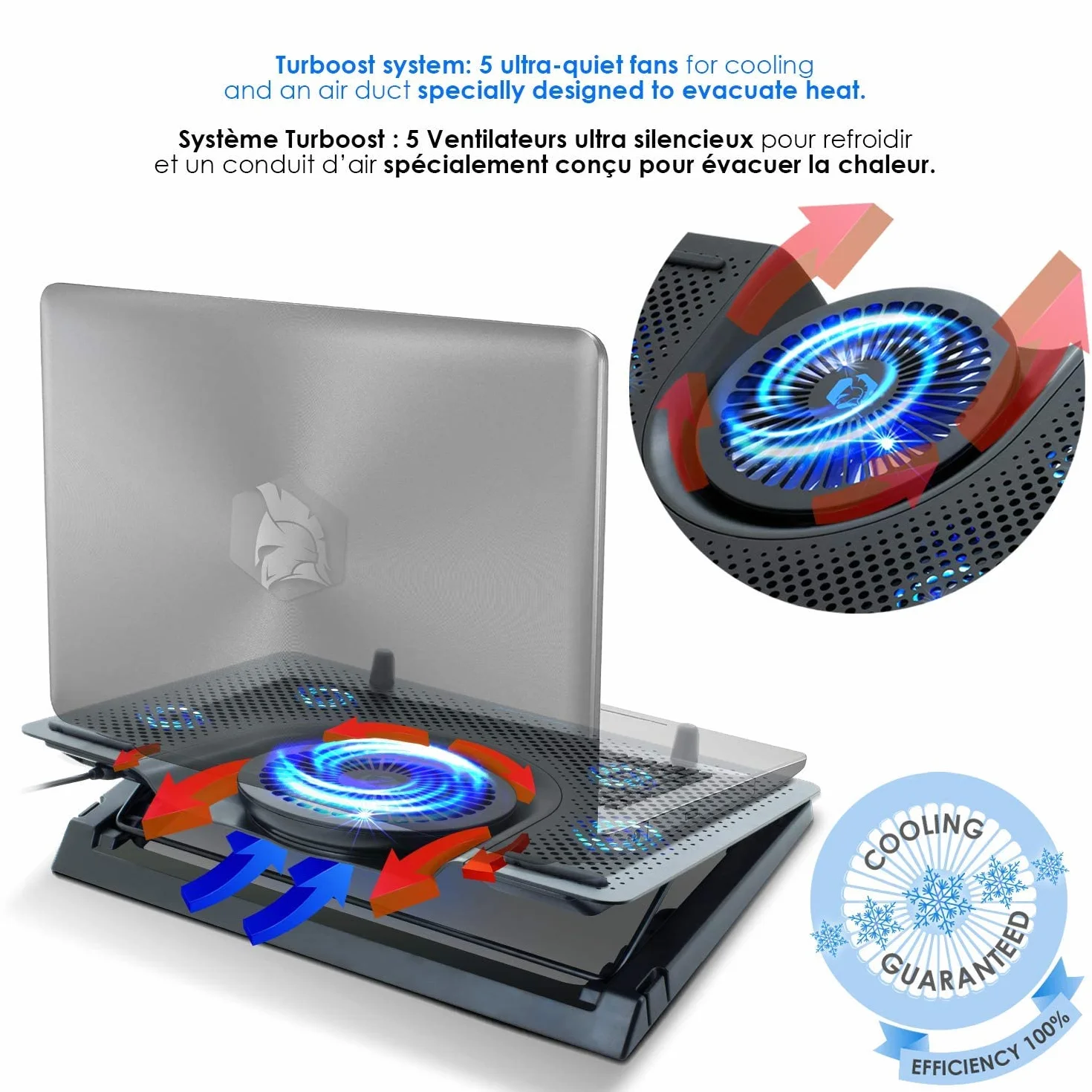 EMPIRE GAMING Turboost Aluminium Refroidisseur PC Ordinateur Portable Gamer 5 Ventilateurs Support 12-17 Pouces Rétroéclairage LED Bleu