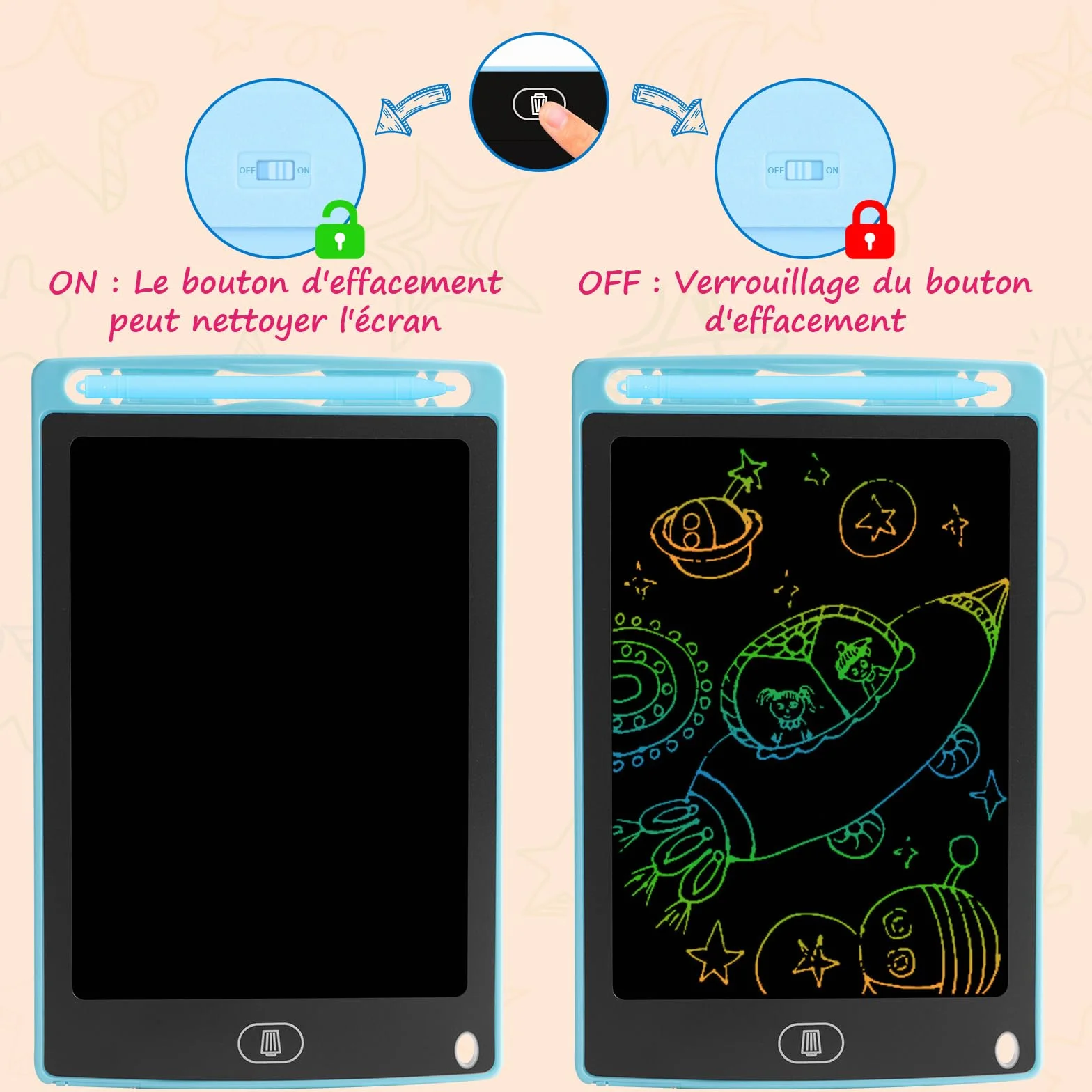Electight Tablette Dessin Enfant 8,5 Pouces LCD Écriture Verrouillage Effacement Cadeau Éducatif 2-7 Ans Rose Bleu