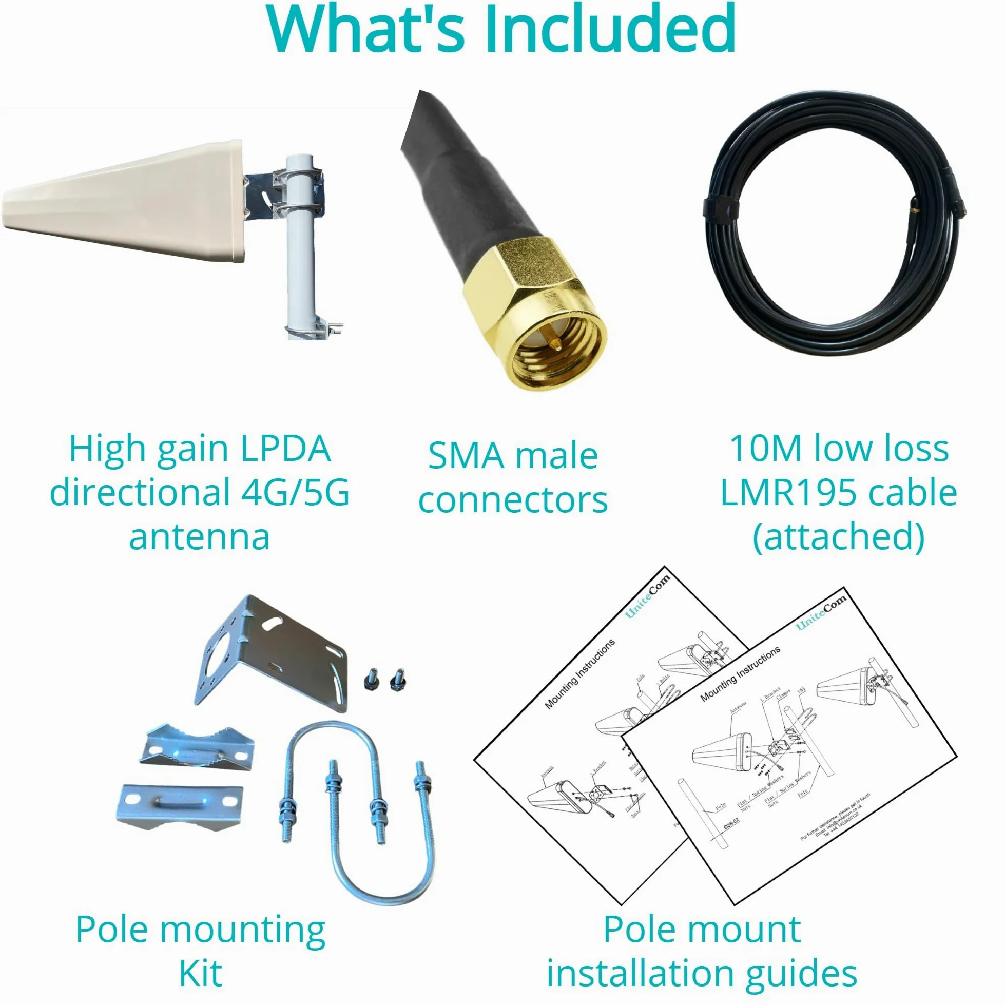 Antenne Yagi directionnelle LPDA 4G 5G à Gain élevé 11 dBi 10 mètres Câble LMR195 50 Ohm 600 MHz-6 GHz IP67 Antenne LTE étanche intérieure/extérieure Three 02 Vodafone EE (Antenne Unique – C