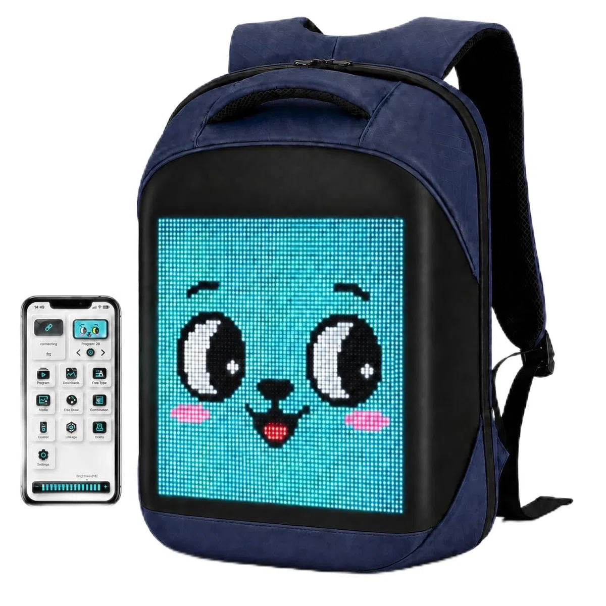 Sac à dos avec écran programmable, Sac à dos pour ordinateur portable avec contrôle APP, Étanche, Voyage, Sac pour moto,bleu(Pas de banque d'alimentation incluse)